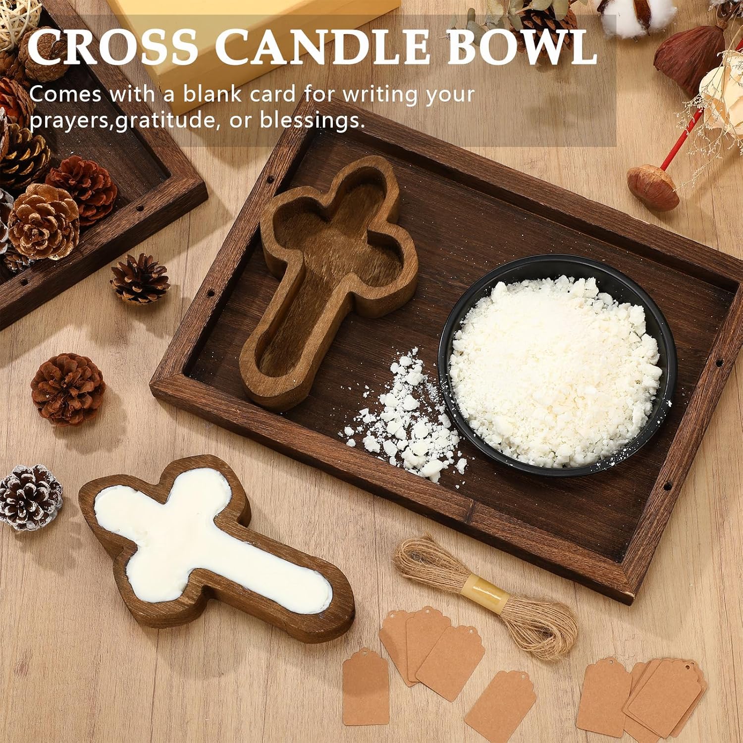 Tioncy 12 Pcs Cross Wooden Dough Bowls Bulk Decorative Wood Dough Bowls for Decor with Card Vintage Hand Carved Paulownia Wood for First Communion Baptism Church Wedding Farmhouse Decor DIY Crafts