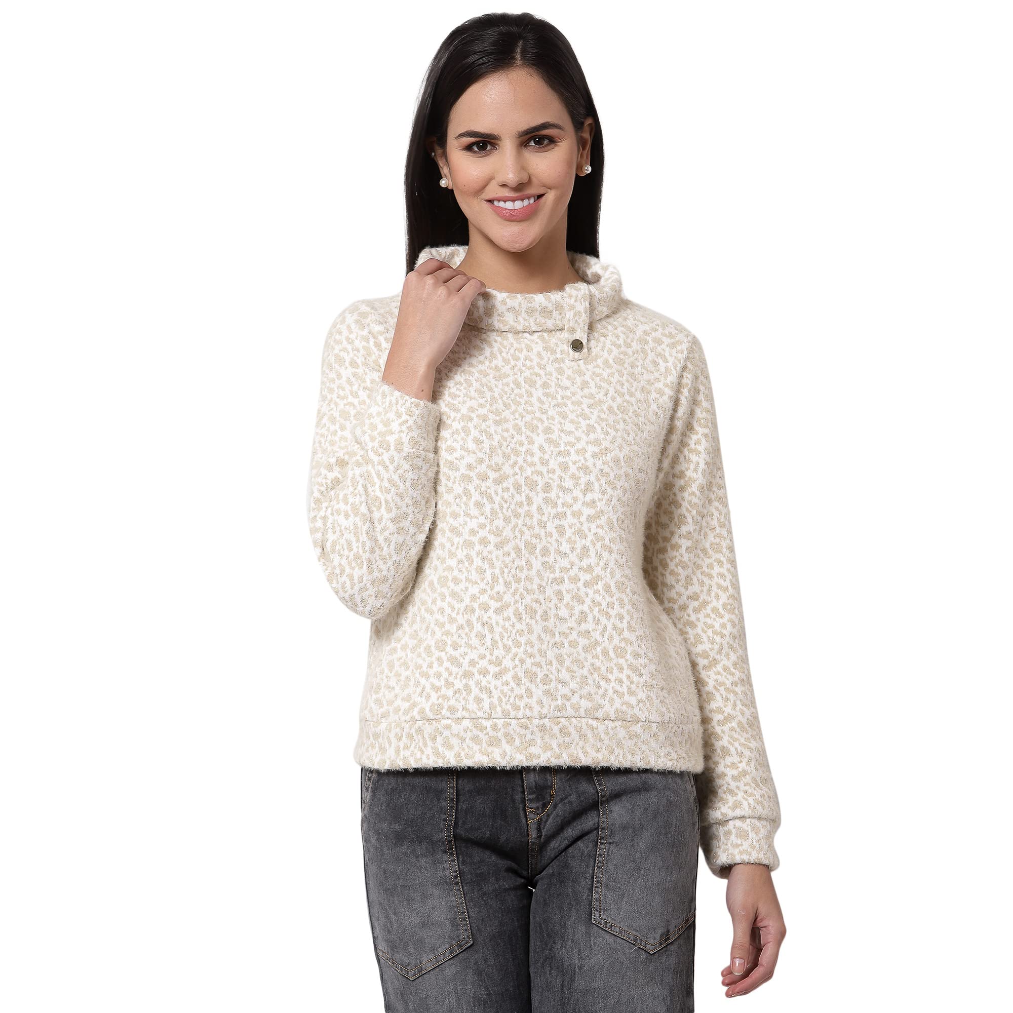 Juelle Women Textured Beige Turtle Neck Fleece Sweatshirt