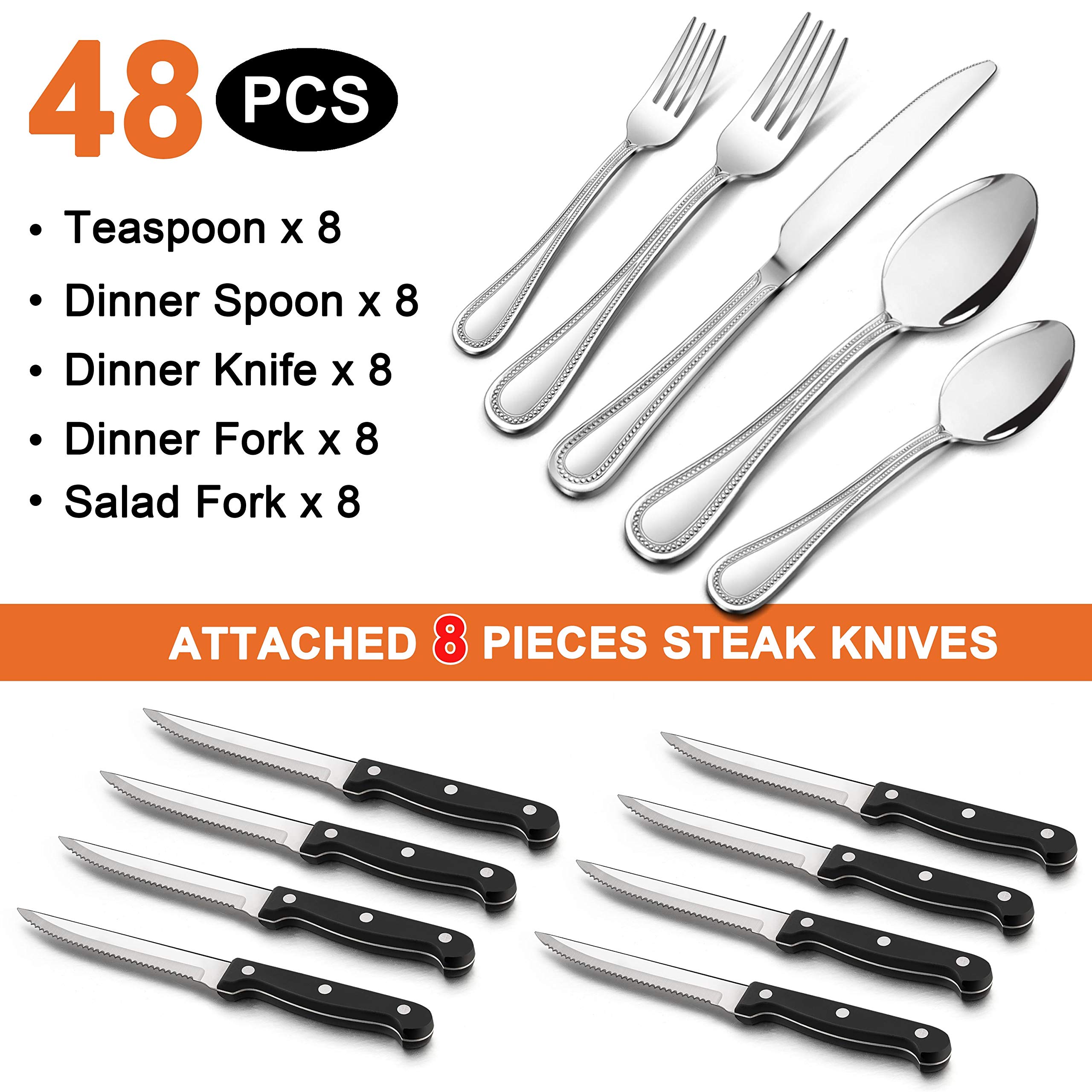 LIANYU Silverware Flatware Set for 8, 48-Piece Silverware Cutlery Set with Steak Knives, Stainless Steel Eating Utensils Tableware Include Forks Spoons Knives, Beaded Edge, Dishwasher Safe