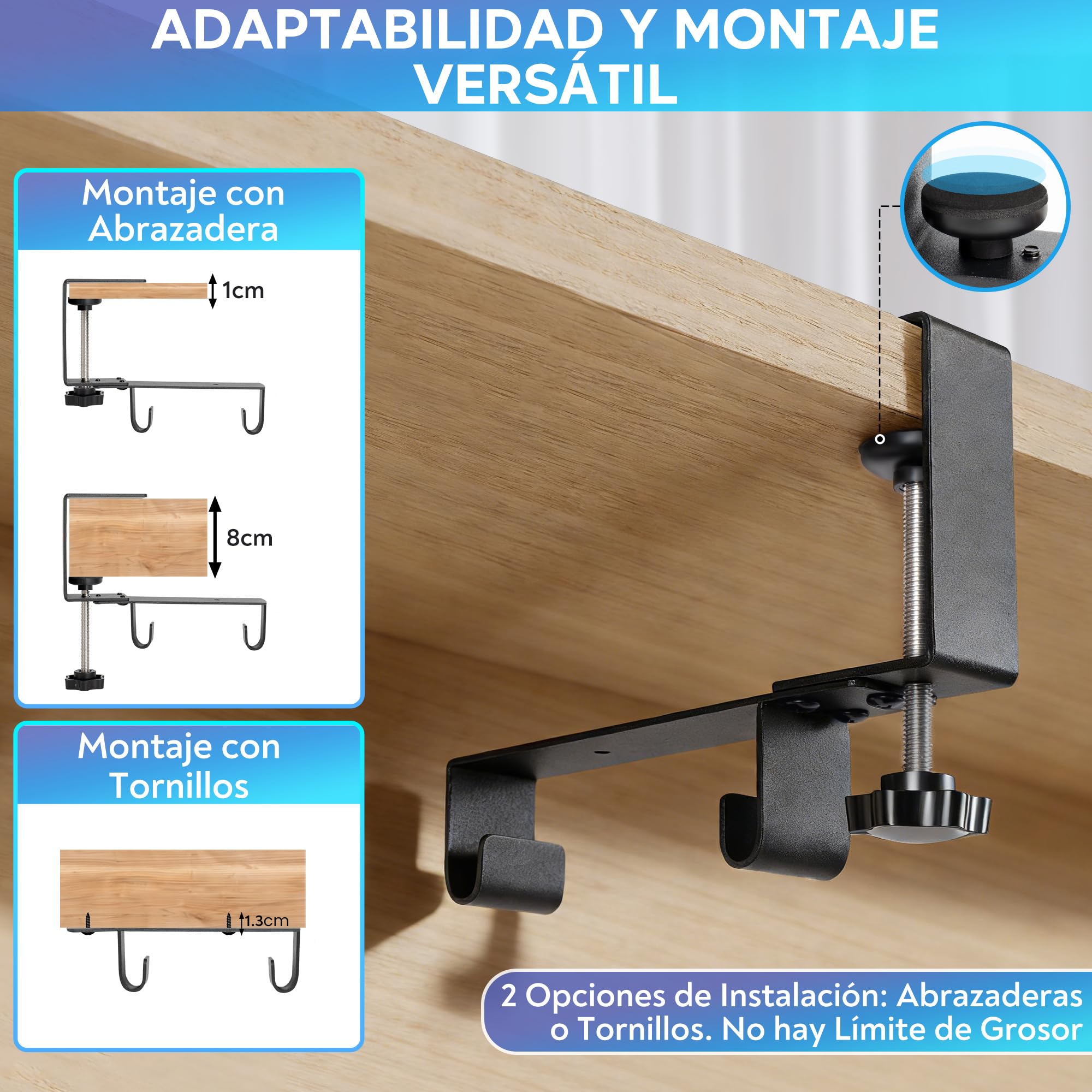 Organizador de Cables Escritorio de Tela, Montaje con Abrazadera o Tornillos, Bandeja Cables Escritorio Que Recoge, Organizer y Ocultar, Management Under Desk Kit para Oficina en Casa — view 3