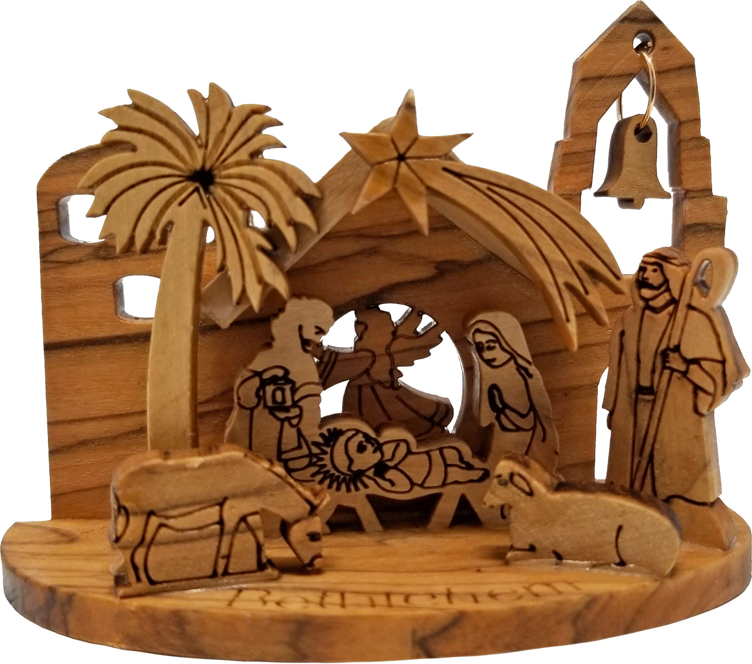 Logos Trading Post Holy Land Olive Wood Christmas Nativity Scene Ornament from Israel, Manger Grotto Scene Complete with Shepherd, Sheep, and Angel, Wooden Ornament from Bethlehem - Medium