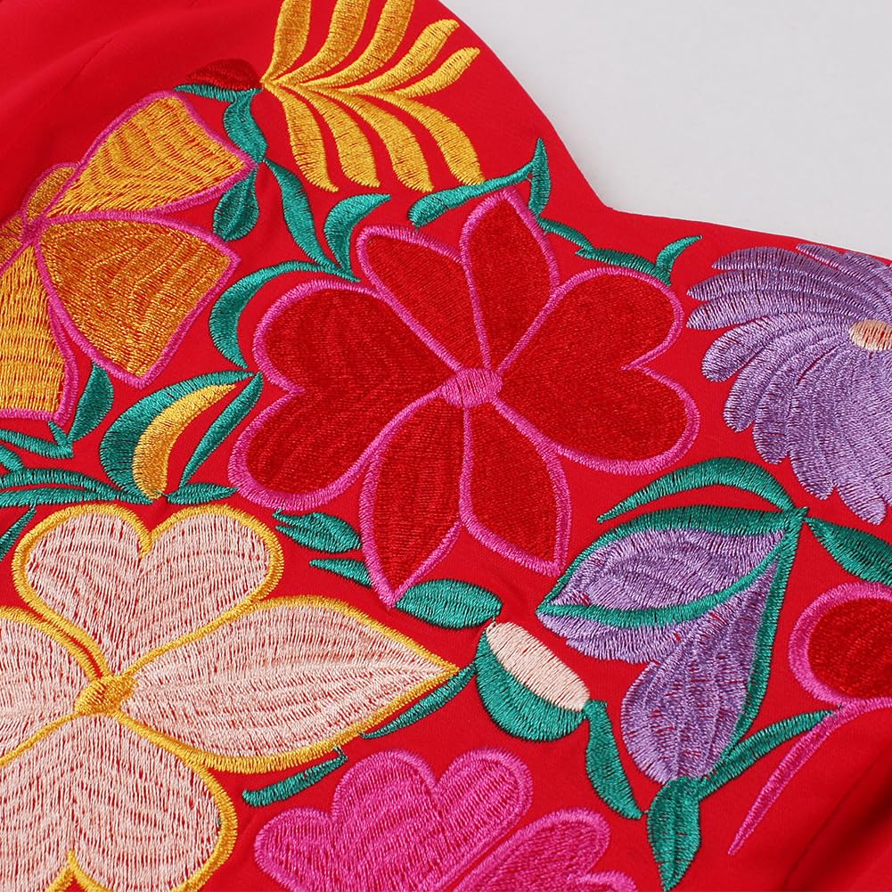 IDOPIP Robe Mexicaine Femme Traditionnelle, Folklorique Cinco de Mayo d'été Longue Épaules Dénudées Broderie Maxi Florale Volants Fente Maxi pour Festival Bohème Vacances Plage