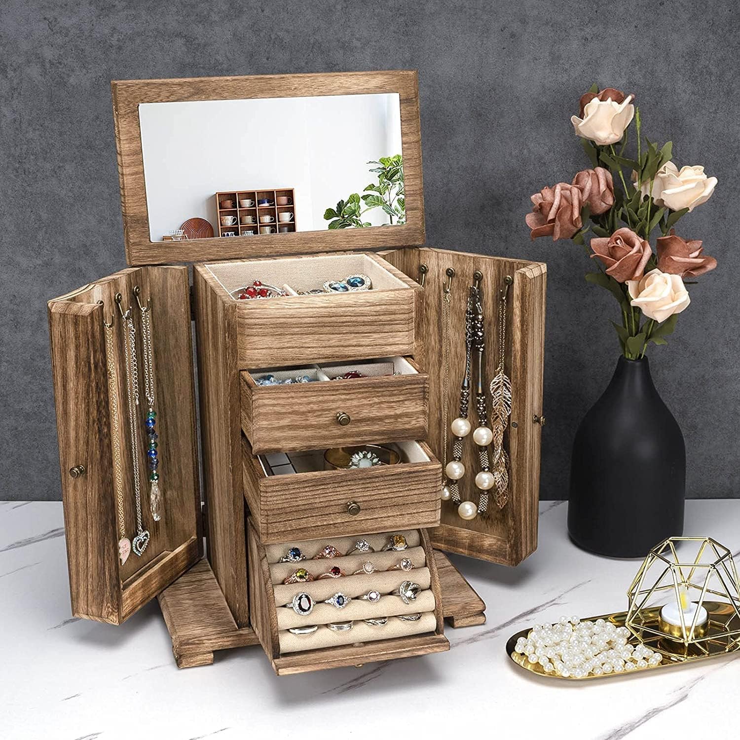 Schmuckkästchen für Damen, groß, rustikal, Schmuckkästchen, Holz, mit Spiegel, Aufbewahrungsbox für Schmuck, 4 Schichten, für Halsketten, Ohrringe, Ringe, Armbänder