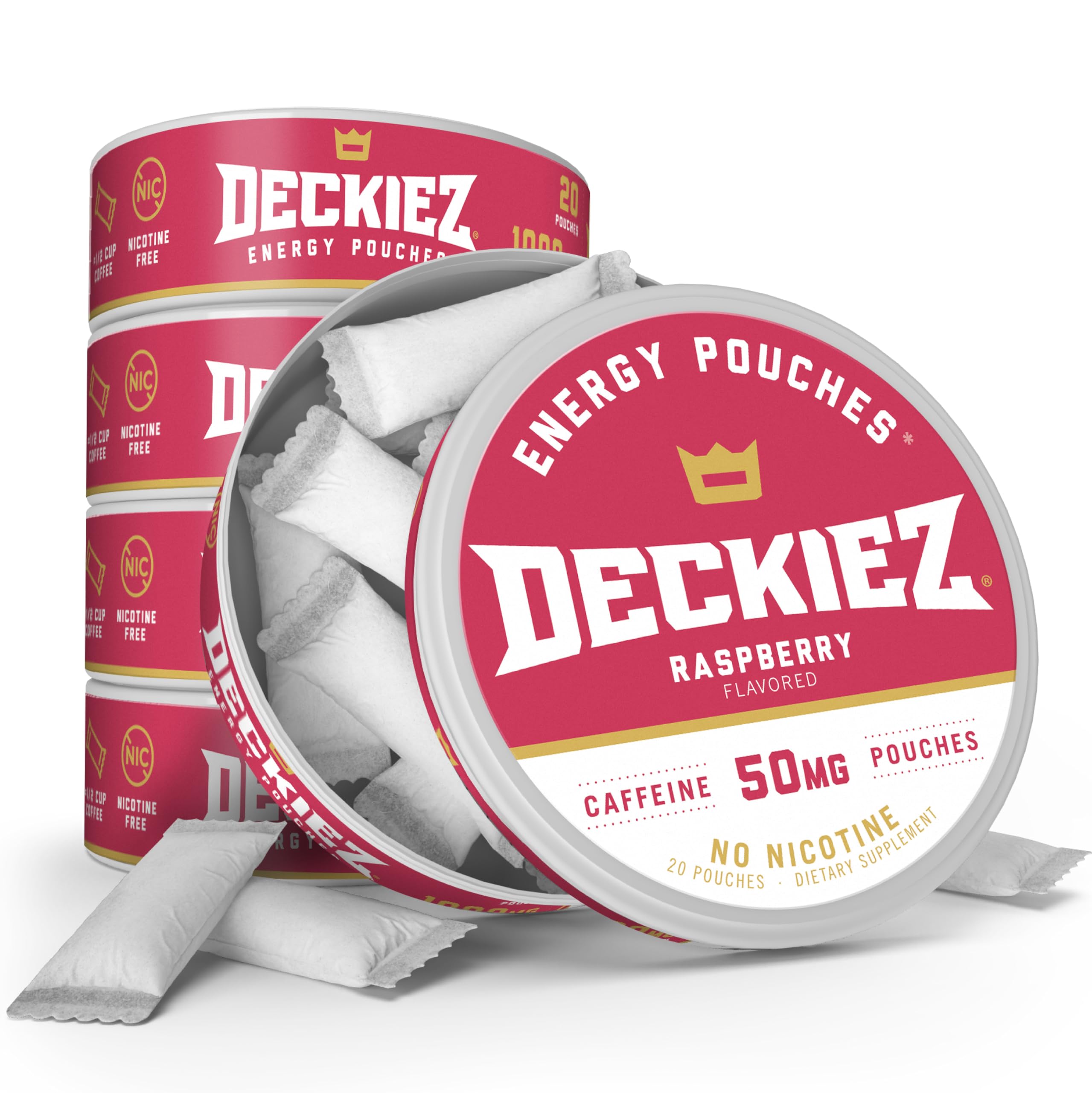 Deckiez Energy Pouches, 5 Cans (100 Pouches), Sugar Free Caffeine Supplement, Coffee Pouches & Energy Drink Alternative, 50mg Caffeine Pouches, Raspberry Flavor