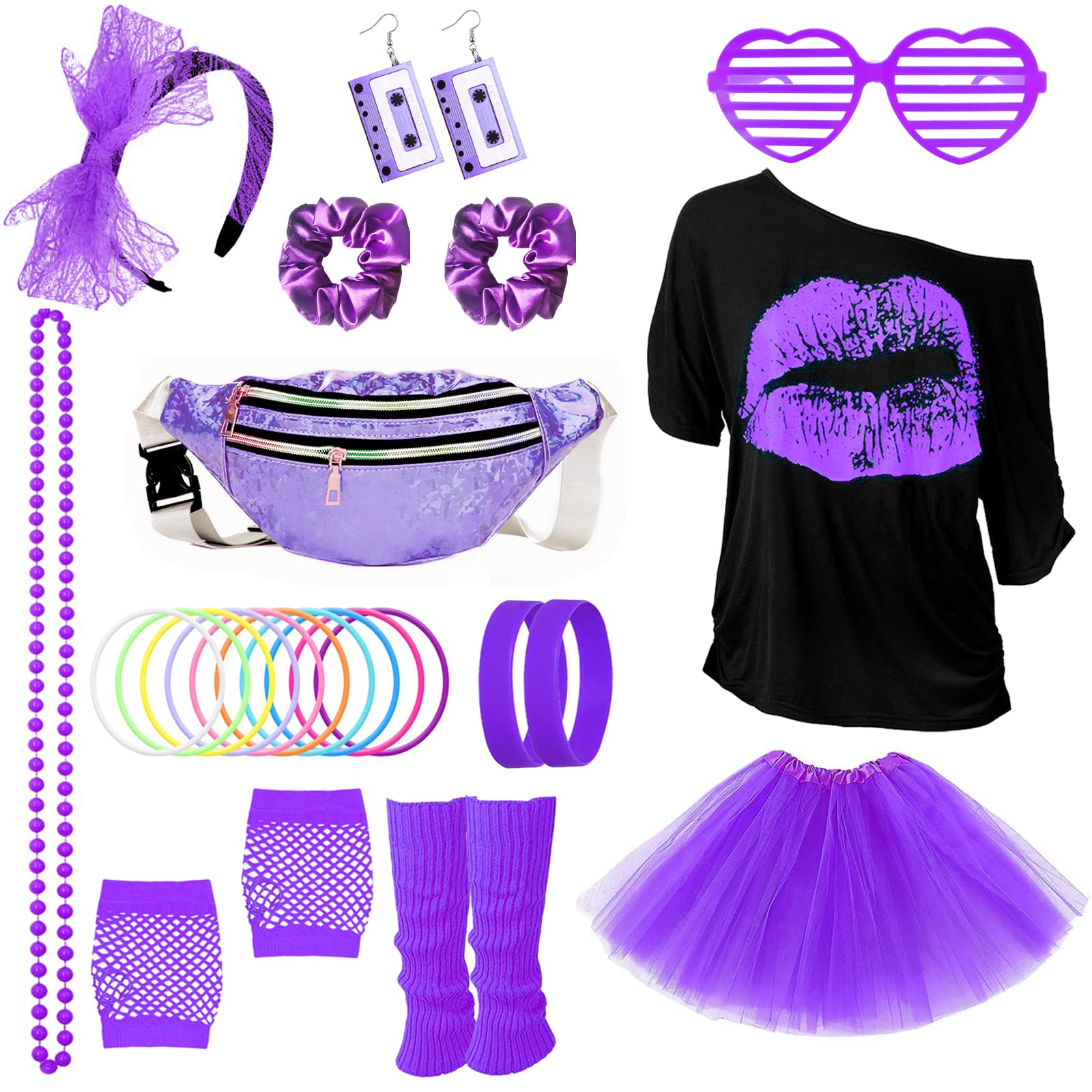 80s Costume Outfits Accessories Set for Girls, 1980s Fancy Dress Party Kits with T-shirt Tutu Bumbag Headband Earring Necklace Fishnet Gloves Leg Warmers Glasses Bracelet Scrunchies for Women Dress up
