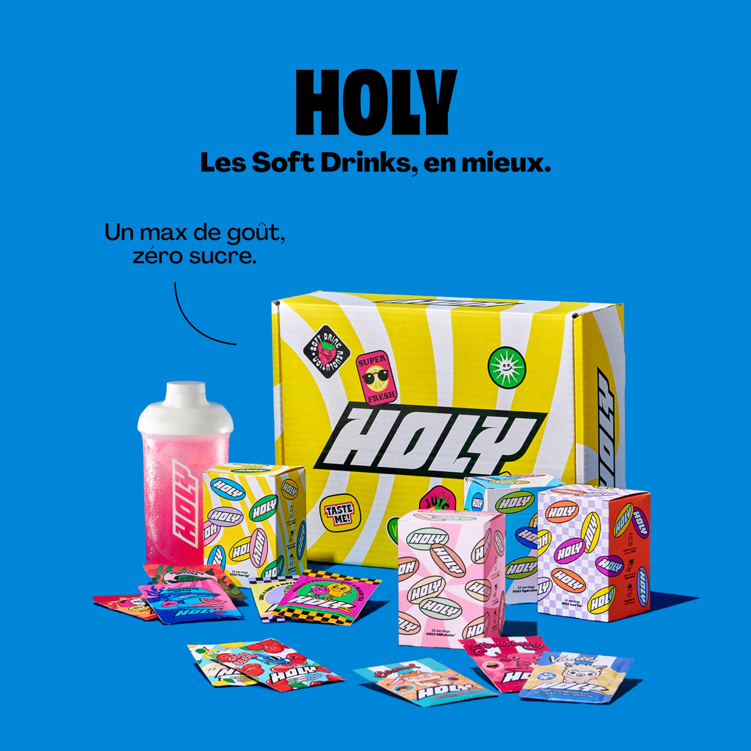 Kit de démarrage HOLY Deluxe - Énergie, thé glacé et hydratation - 57 portions dans 26 saveurs fruitées - Vegan et sans sucre, avec des arômes de fruits 100% naturels