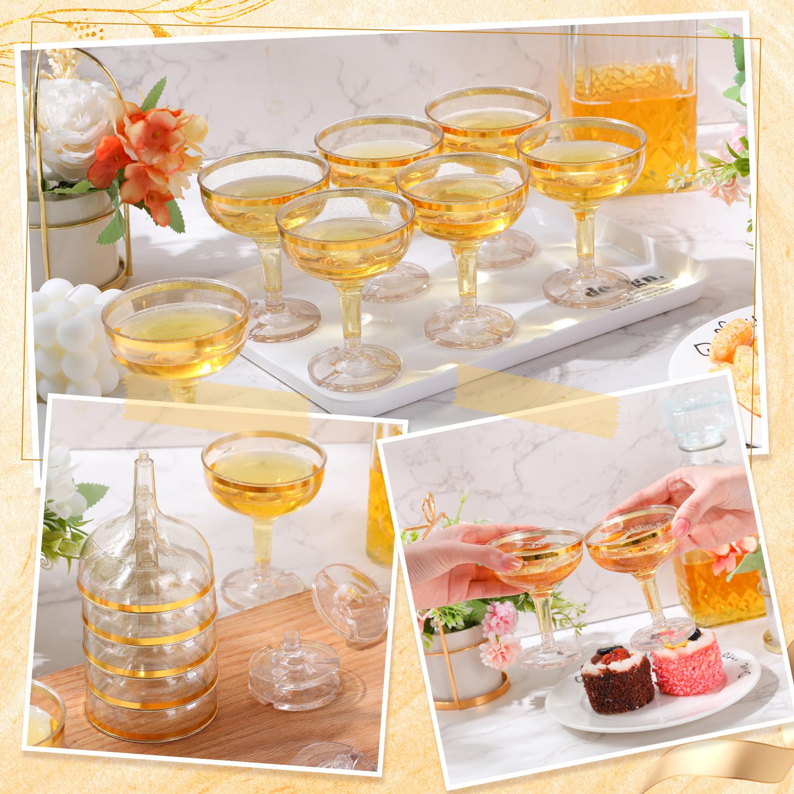 Zopeal 100 copas de champán de plástico de 5 onzas, vasos de plástico inastillables, vasos de cóctel desechables, apilables y reutilizables, copas de vino para bodas (borde dorado, purpurina dorada)