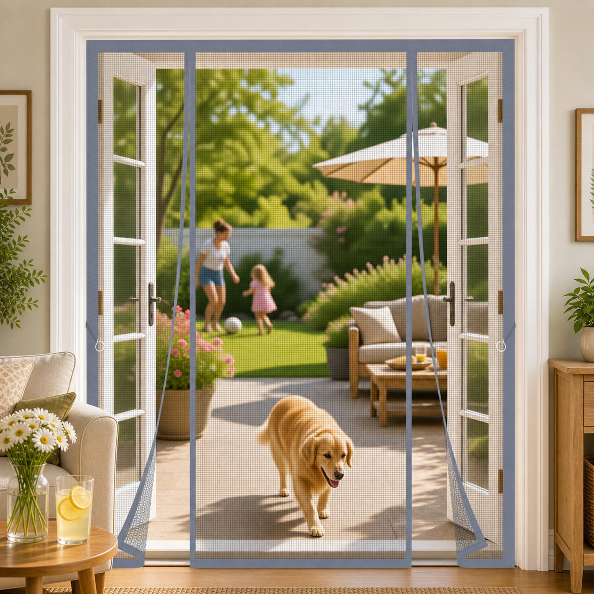 Magnetic Fly Screen for Double Doors Grey 160x250cm Self Closing Mesh Door with Strong Magnets with Central Walk Through Entry and Quiet Closing for Bifold Doors Deck Porch Area