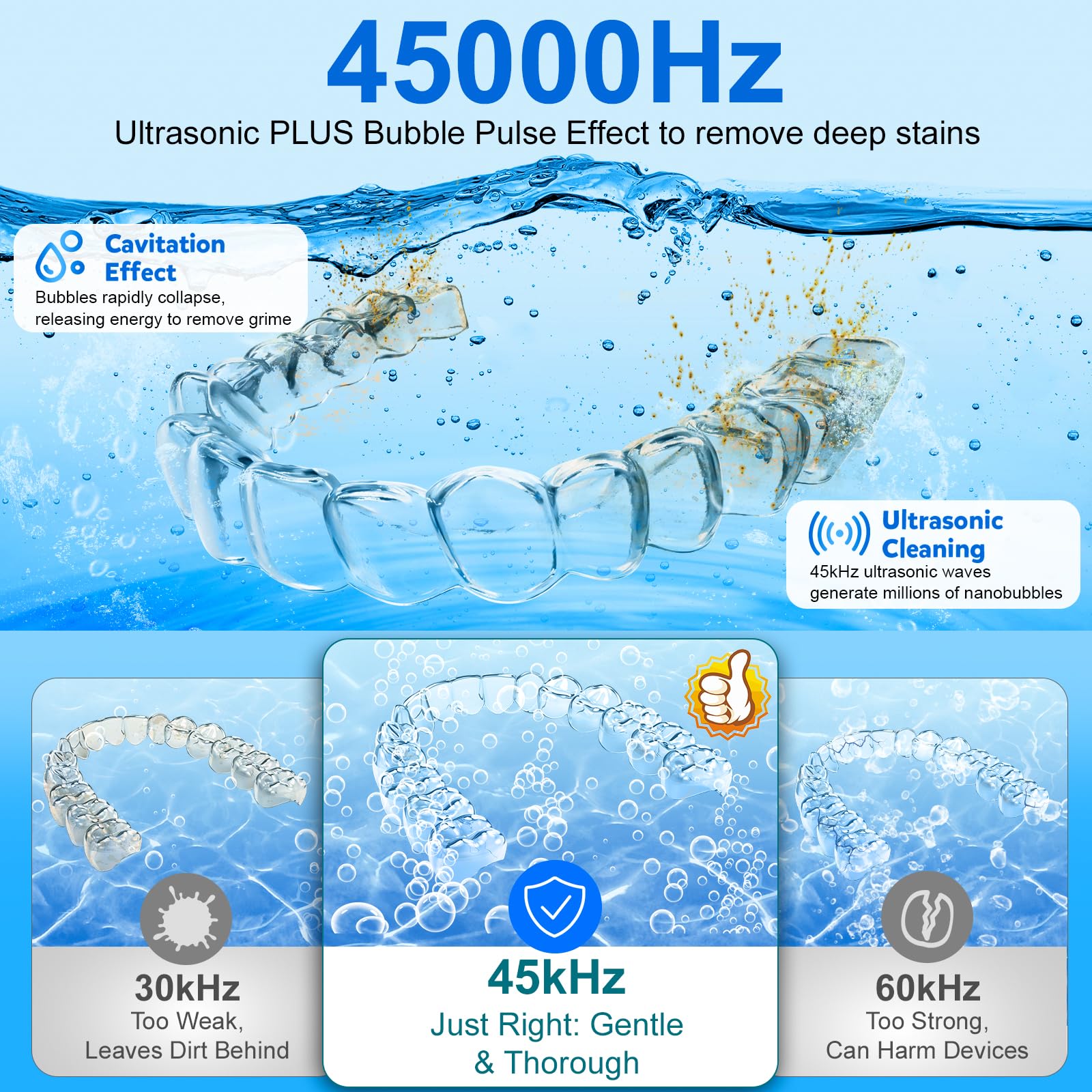 Máquina limpiadora de retenedores ultrasónicos, 45 kHz, 200 ml, cápsula de limpieza dental con 4 modos de lavado, temporizador digital para limpiador de dentaduras, alineadores, protectores
