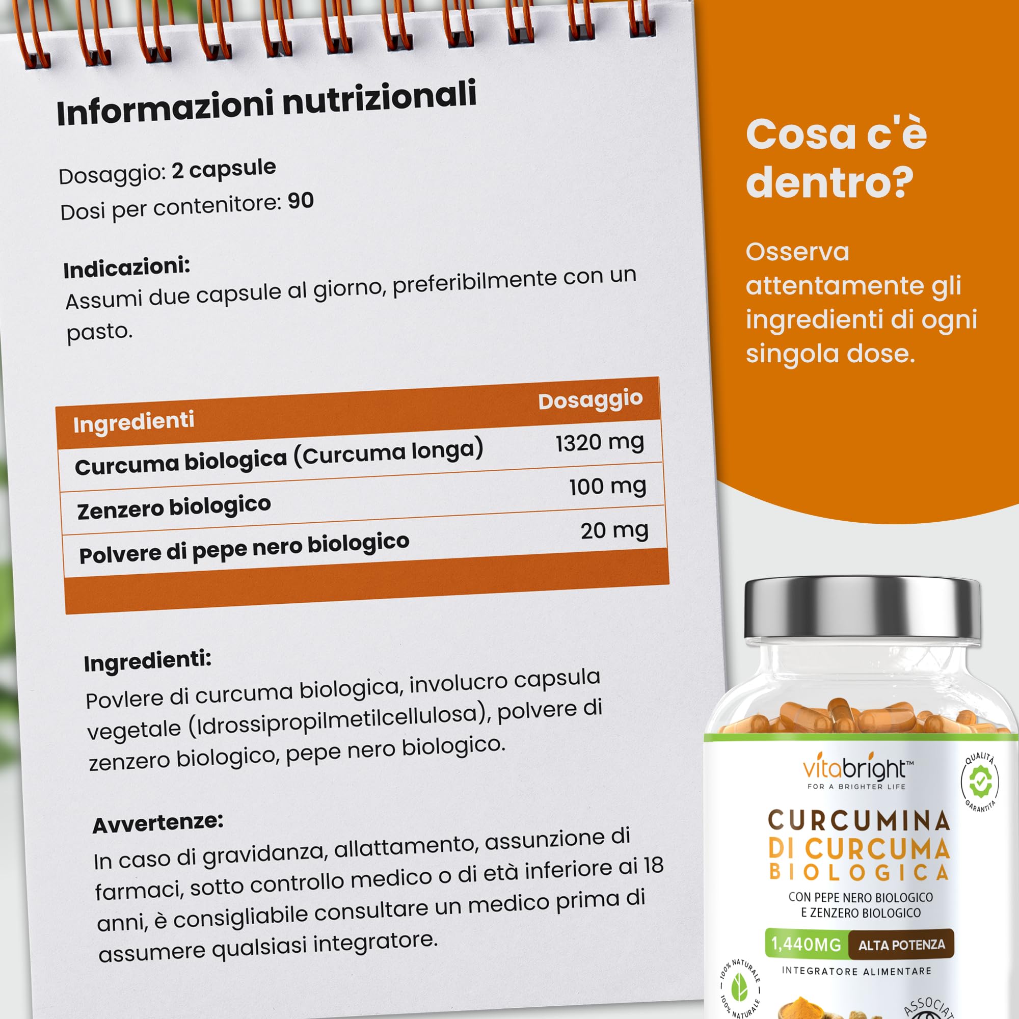 Bio Curcuma Capsule con Pepe Nero e Zenzero 1440 mg | 180 Capsule | 3 Mesi di Fornitura | Fonte di Curcumina e Piperina | Integratore Alimentare Biologico | VitaBright Curcuma Longa Complex
