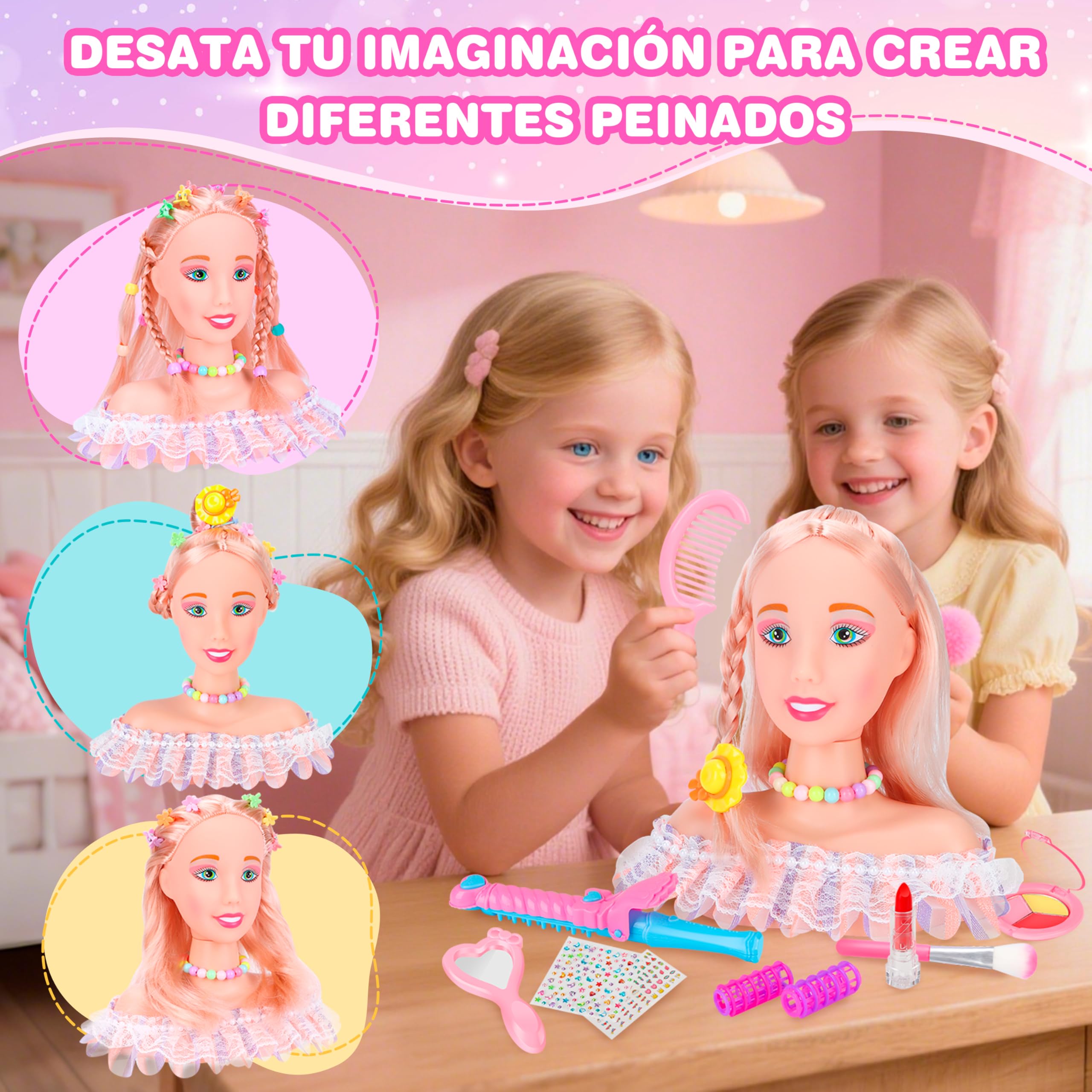 MOMOSTAR Cabeza Muñeca para Peinar y Maquillar, 58 Piezas Cabeza de Peluquería para Niños con Accesorios, Busto Muñeca Peinar y Maquillar para niña 3 4 5 6 Años Regalos Cumpleaños Navidad