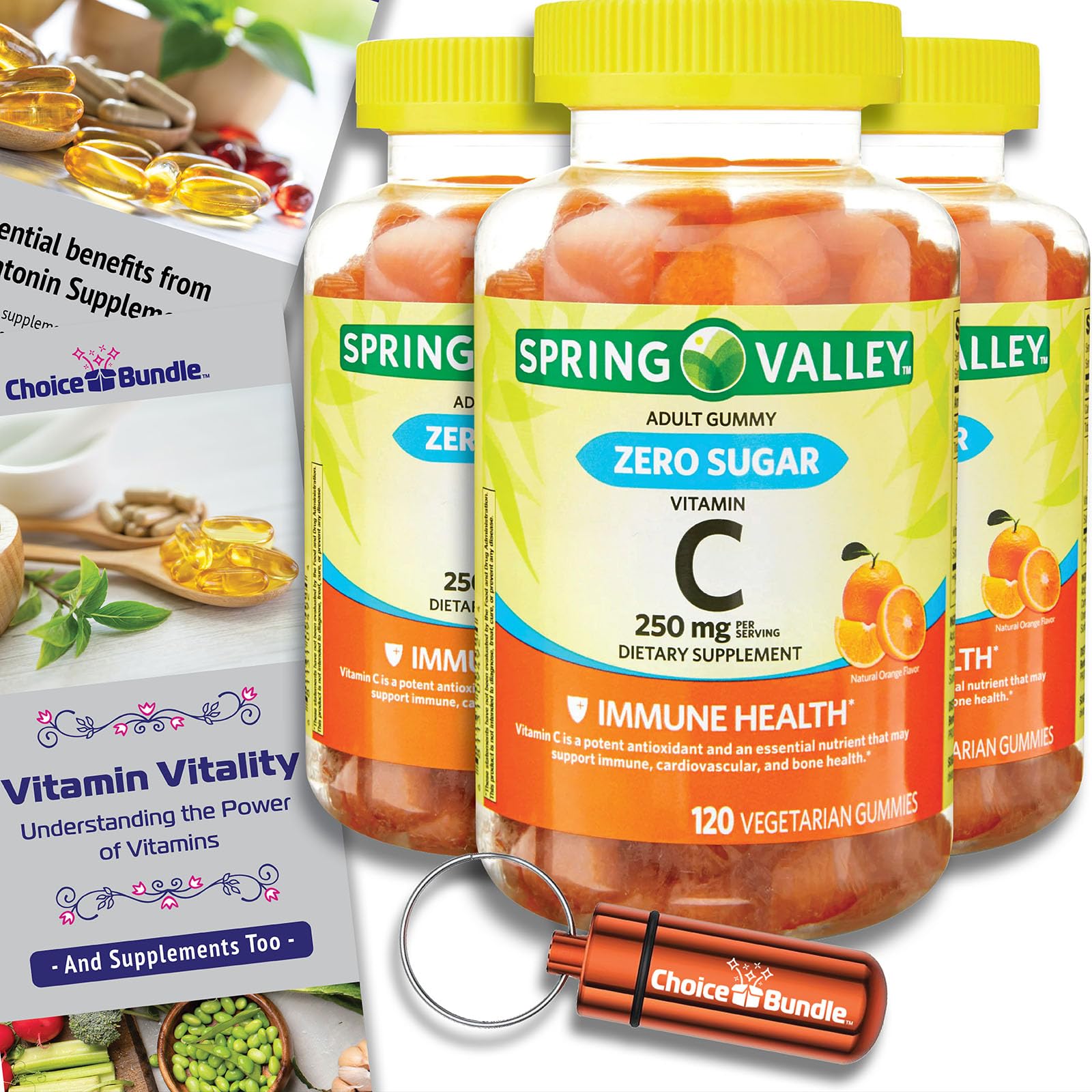 Spring Valley Zero Sugar Vitamin C Gummies Dietary Supplement 250 mg 120 Ct 3 pk (360 Total) + Vitamin Guide & Pill Container (5 Items)!