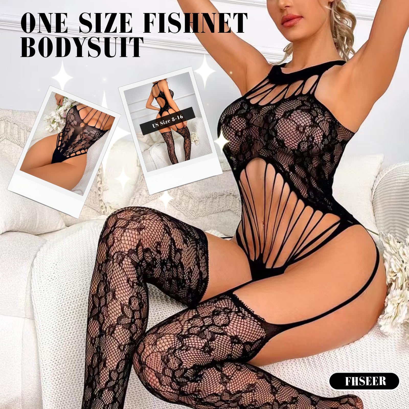 Womens Sexy Body Stockings Fishnet Lingerie Lace Mesh Bodysuit Sleeveless Hallow Out Rave Outfit One Piece Babydoll Jacquard: Black