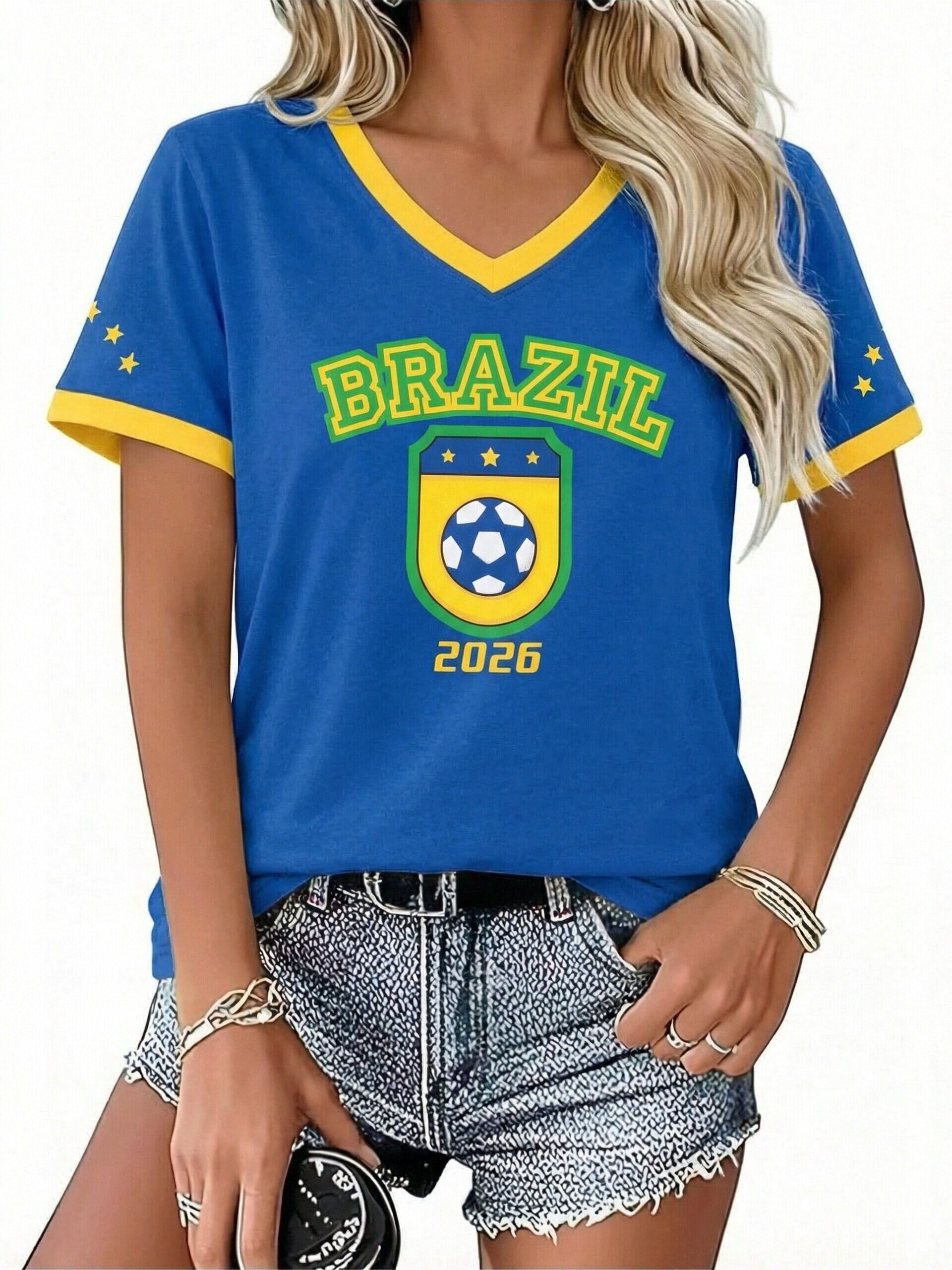 Soccer Cup 2026 Shirt Women Mexico Shirts Brazil Jersey Funny Soccer Graphic Jerseys Y2k V Neck T Shirts, Blue-brazil, L