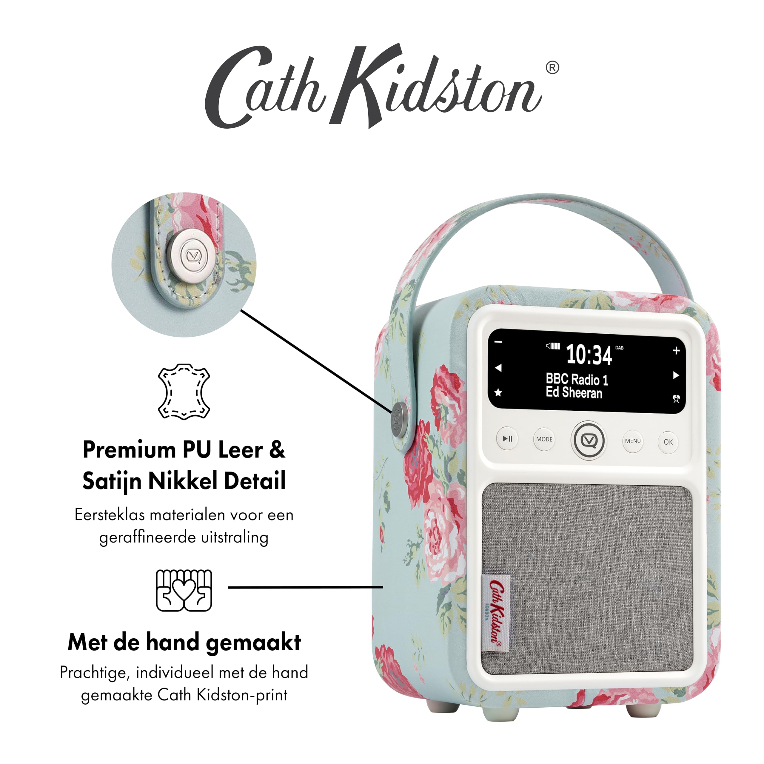 Cath Kidston Monty DAB Plus/DAB met Bluetooth, FM en Wekker Functie van VQ - Draagbare Radio met USB Oplaadpoort, Netstroom/Batterij en Antenne - Antieke Roos
