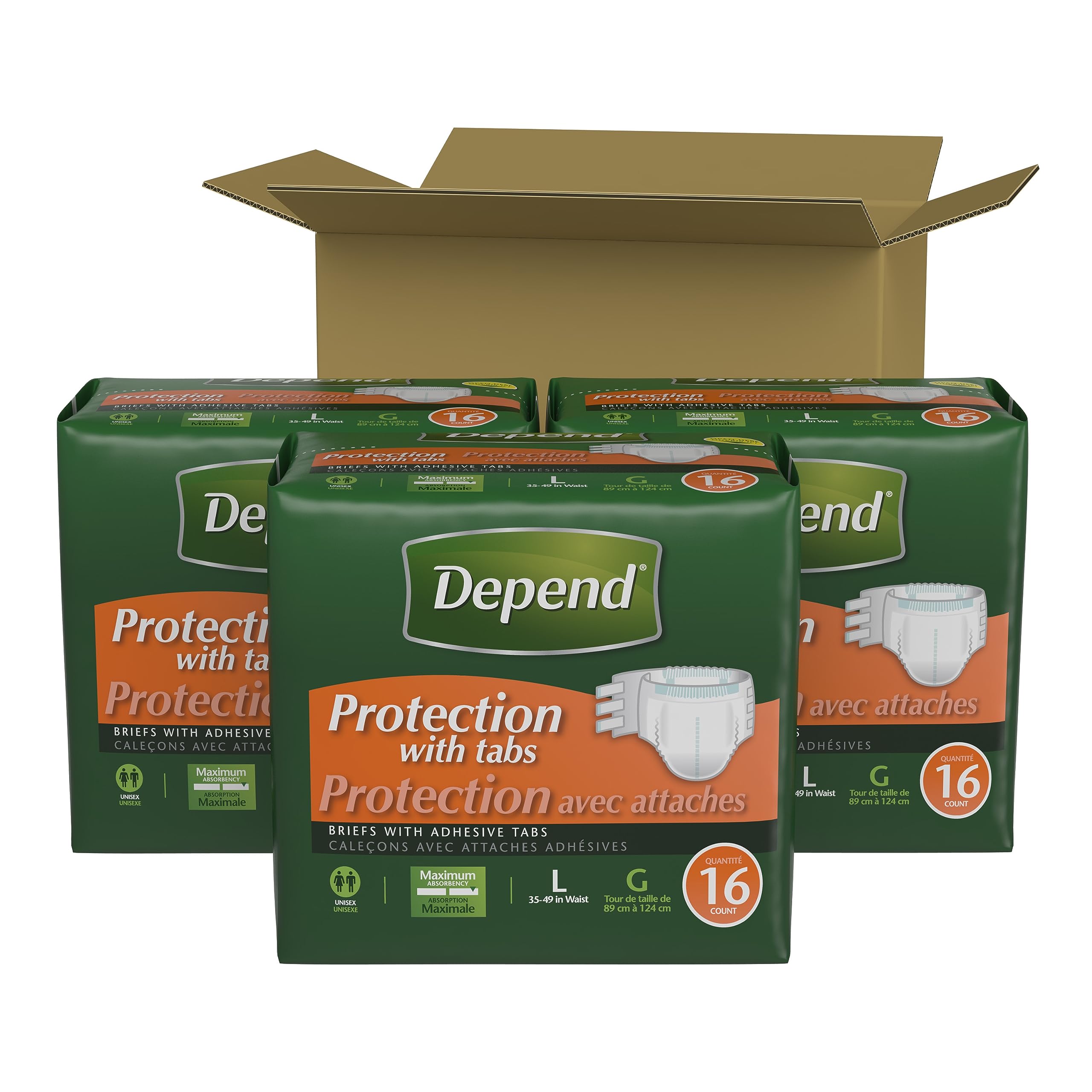Depend Incontinence Protection with Tabs, Unisex, Large (35–49" Waist, over 170 lbs), Maximum Absorbency, 48 Count (3 Packs of 16)