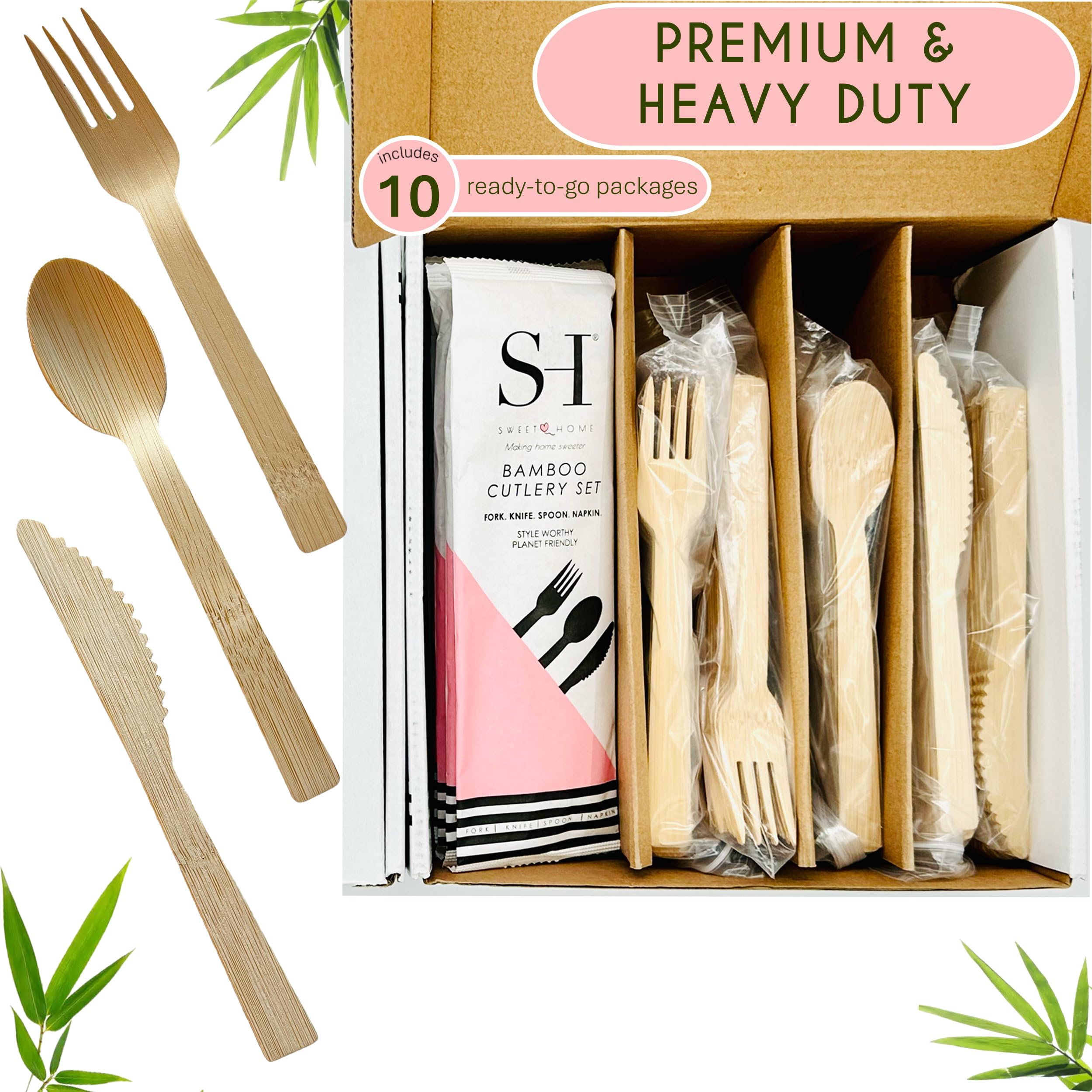 Sweet Home - Set di utensili in bambù 100% compostabili, usa e getta, 180 pezzi, 70 forchette, 40 cucchiai e 70 coltelli, posate ecologiche per feste, campeggio