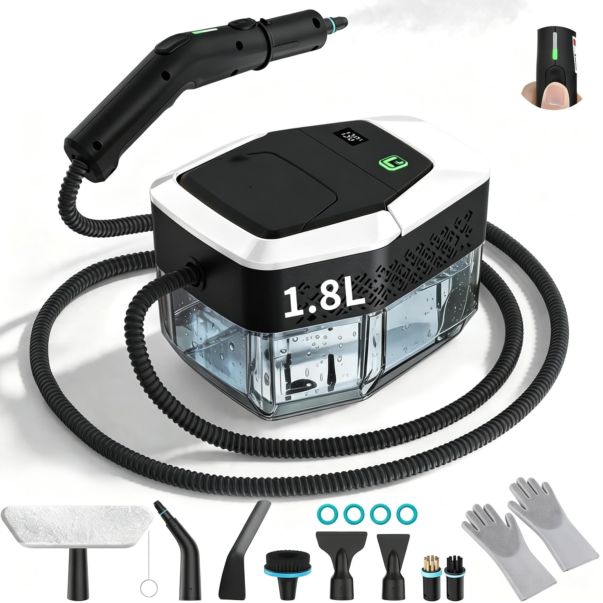 Dampfreiniger Handgerät, 2500W Handdampfreiniger mit Stufengriff, 8 Düsen, 1,8L Tank, 3 Dampfstufen, 4 BAR Hochdruck, 15S Heizzeit 105℃, Tragbarer Dampfreiniger für Auto Küche Bad Polster BBQ