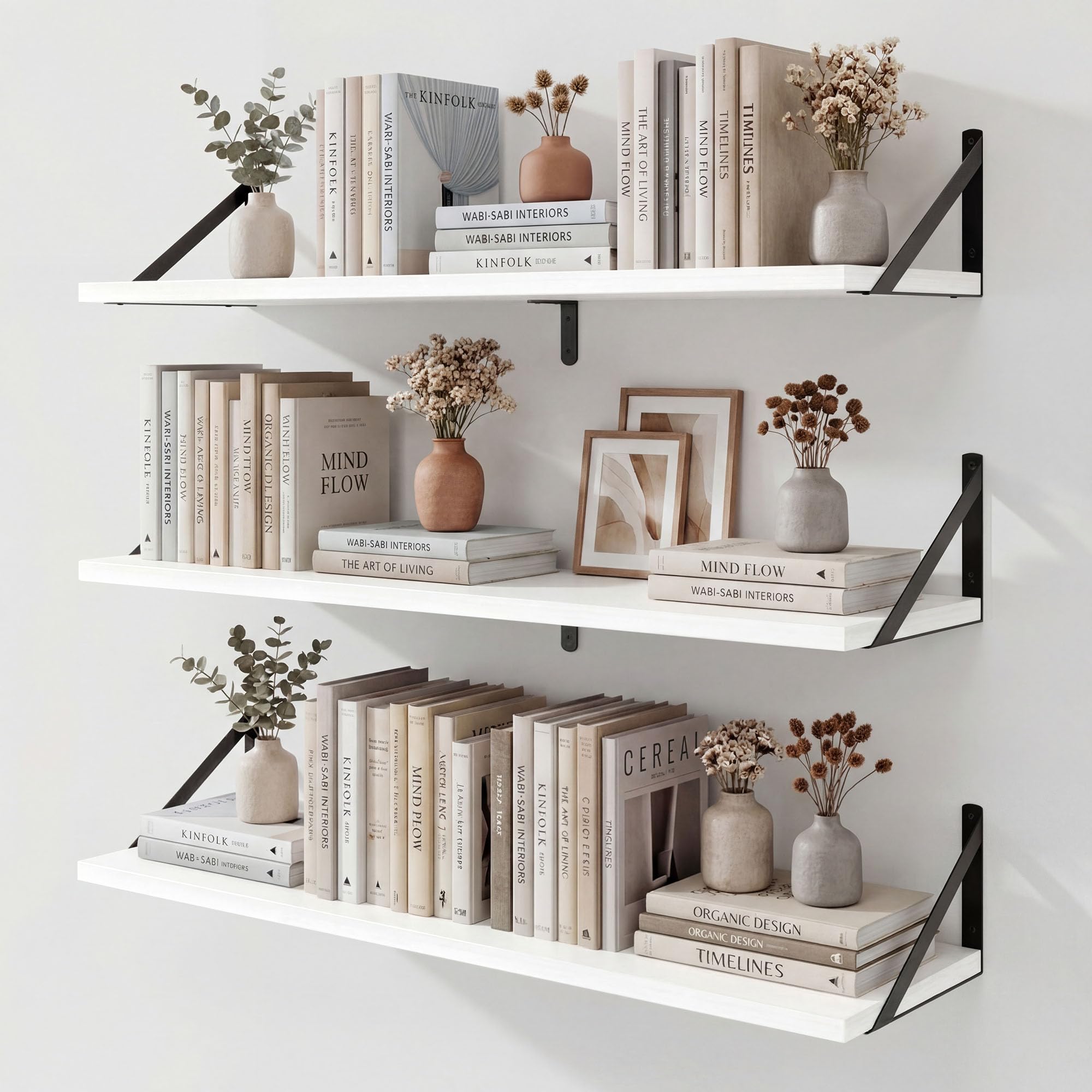 Fun Memories Floating Shelves for Wall, 90 CM Long Set of 3 Wall Shelves for Bedroom​,​ Floating Bookshelves with Metal Brackets for Living Room, Kitchen, Bedroom and Laundry Room (White)