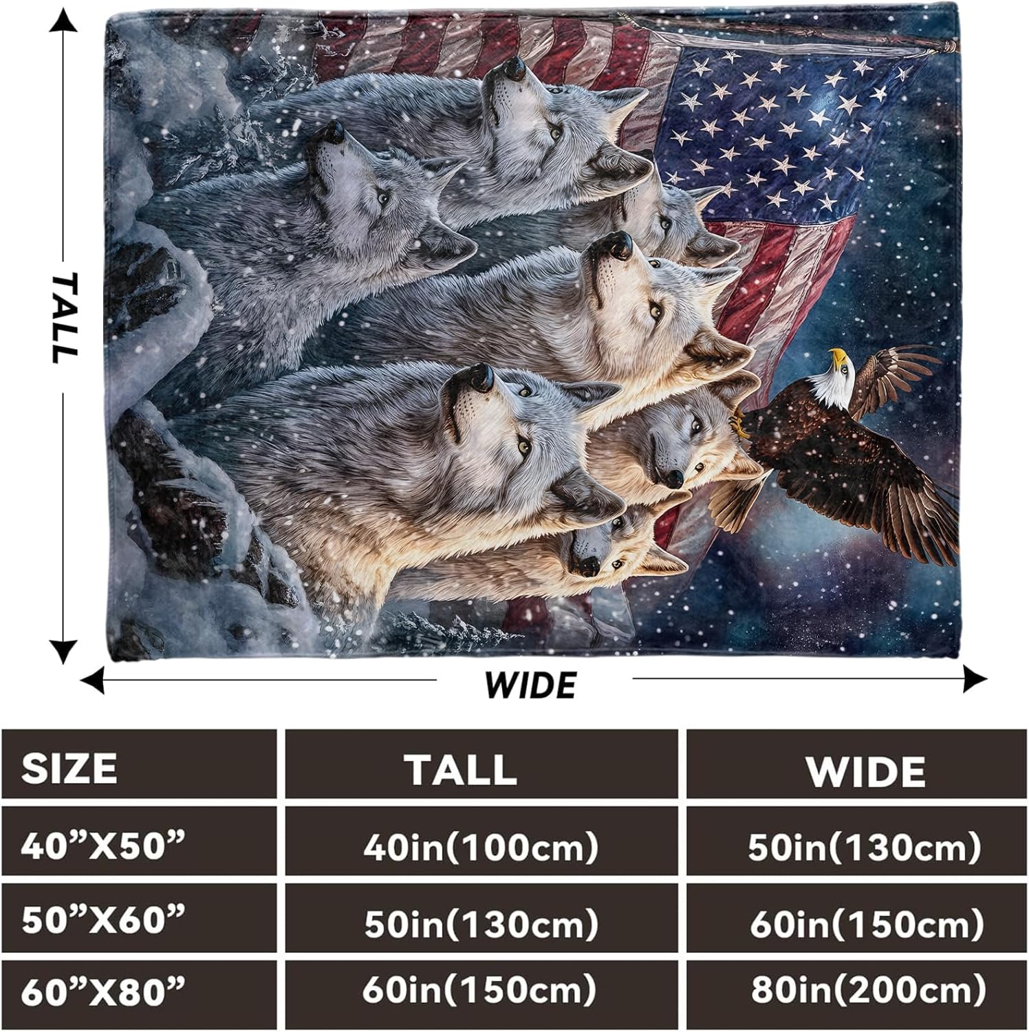 Patriotic Wolf Pack Blanket, Lightweight Comfy Majestic Wolves & Bald Eagle Blankets for Couch Sofa Bedroom, Soft Plush Travel Flannel Throw Blanket Gifts for Adults Kids Women, Decor 60×50in