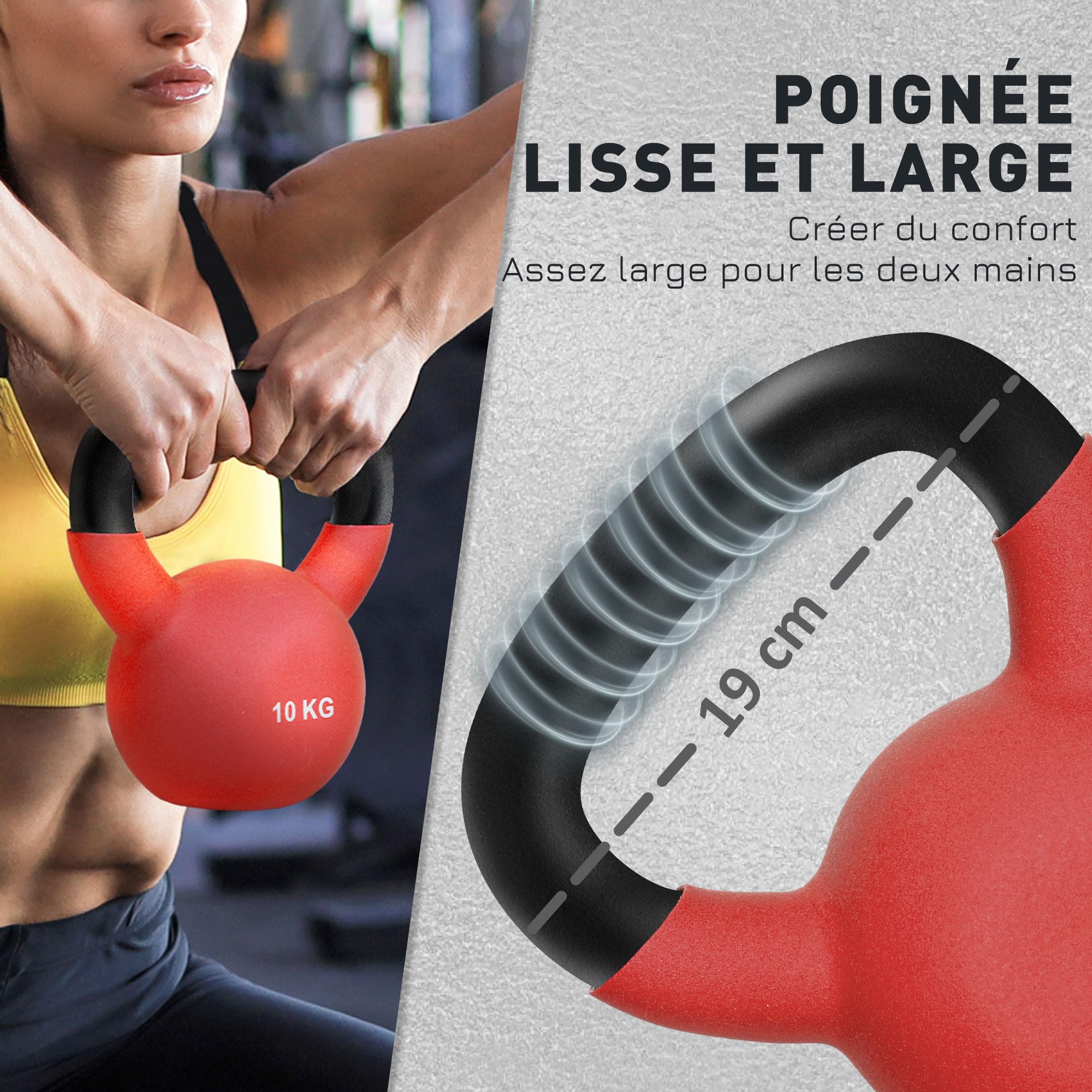 HOMCOM Kettlebell 10 kg en Métal, Poids pour Entraînements avec Poignée Antidérapante et Fond Plat, Kettlebell pour Fitness, Musculation à Domicile et au Gym, Rouge et Noir