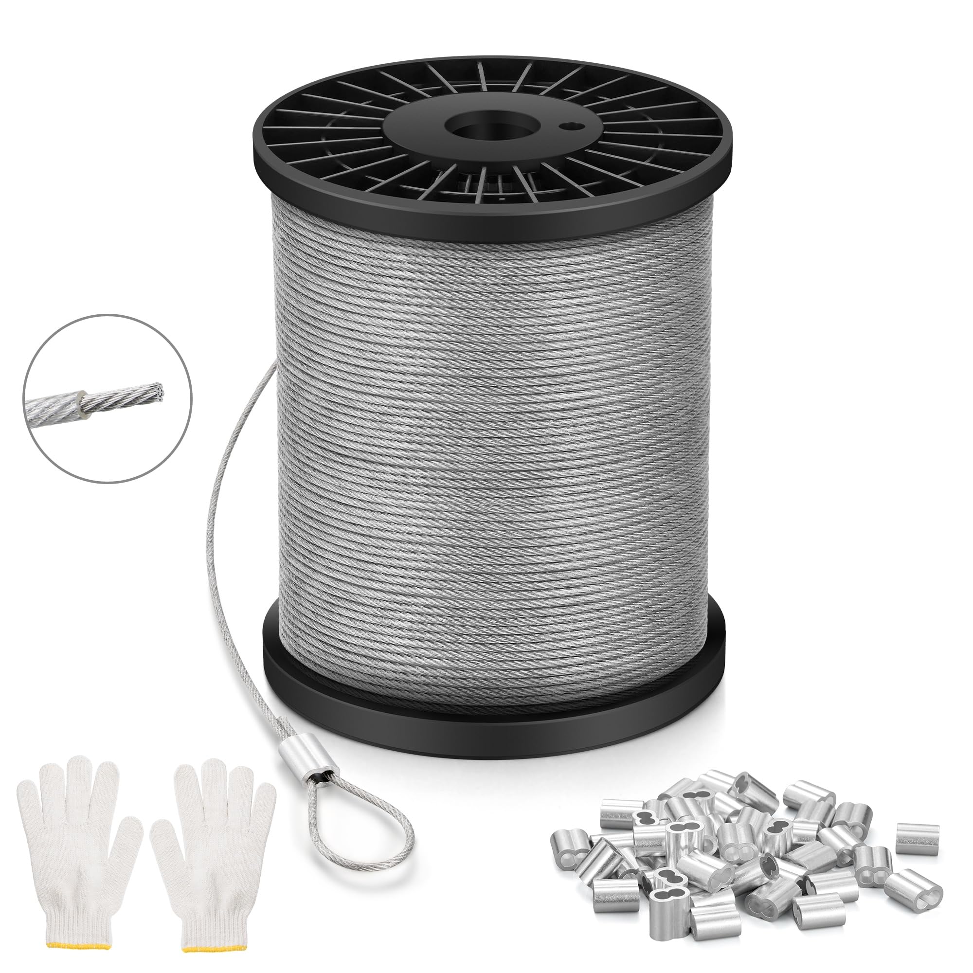 Wire Rope Stainless Steel 1.5 mm, 50 M Wire Cable Heavy Duty 7x7 Strand Core Garden Hanging Cable with Aluminum Crimping Clamps Loop Sleeve for Hanging Pictures Plants Clothes Line Garden