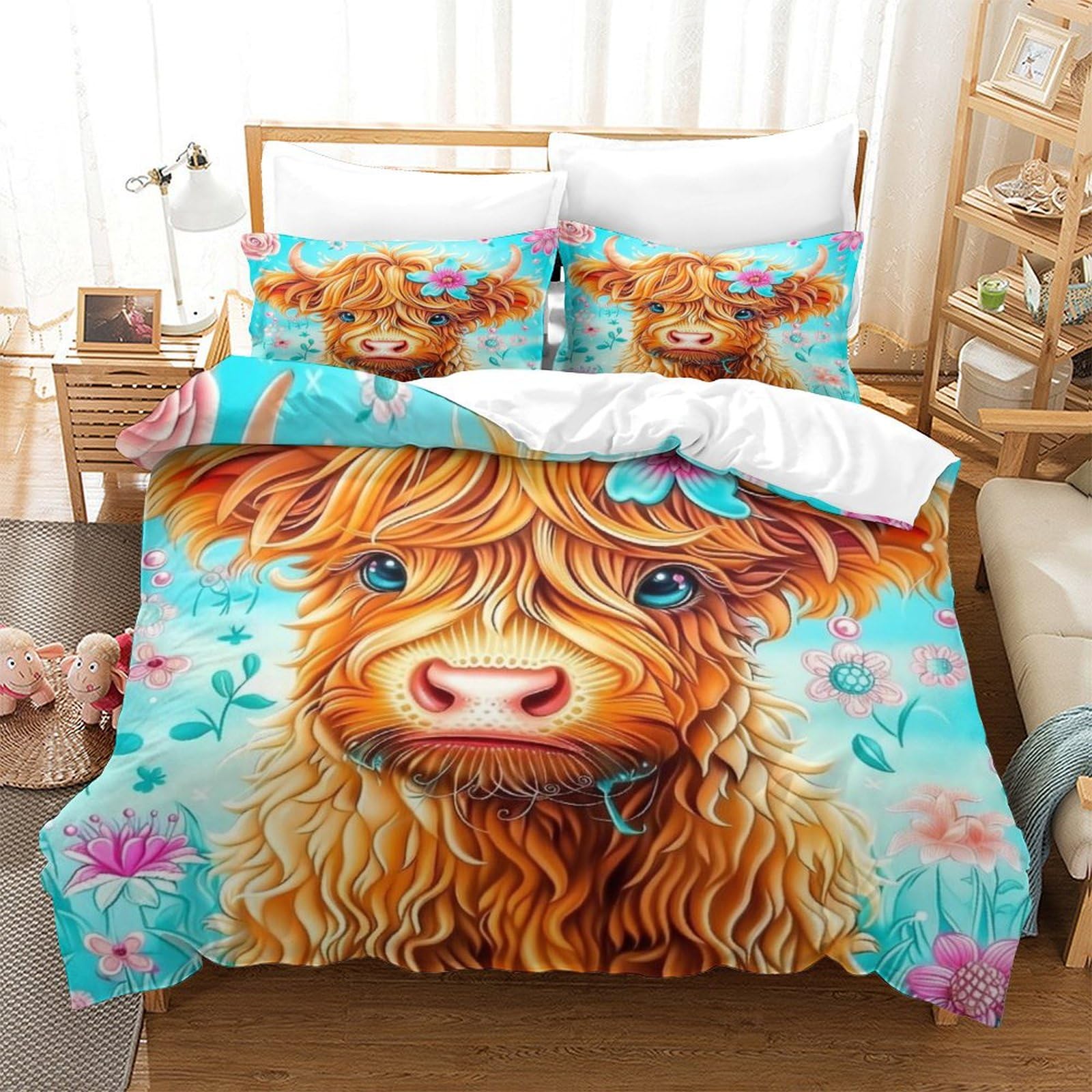TNFHSOFT Highland Cows 3D Bedding Set Duvet Coverwith Pillowcases Soft Microfiber Duvet Cover Set with Zipper Closurefor Teen Adult Kids 3 Piece Super King（260x220cm）