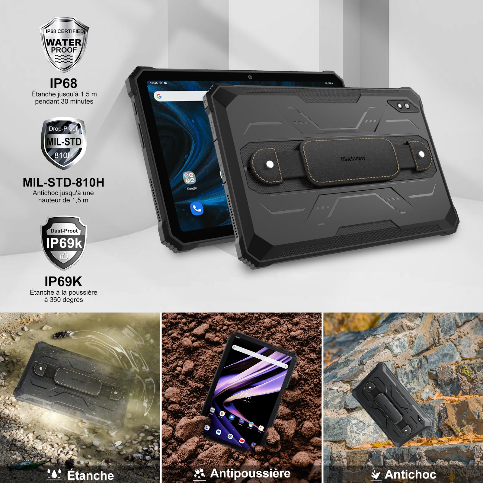 Blackview Tablette Incassable Active 8 Pro, 16Go RAM + 256Go ROM, Tablette Robuste 10 Pouces, 22000mAh Tablette Tactile Android 13, 48 MP avec ArcSoft Caméra, Double SIM 4G/5G WiFi/NFC/GPS/OTG/IP69K