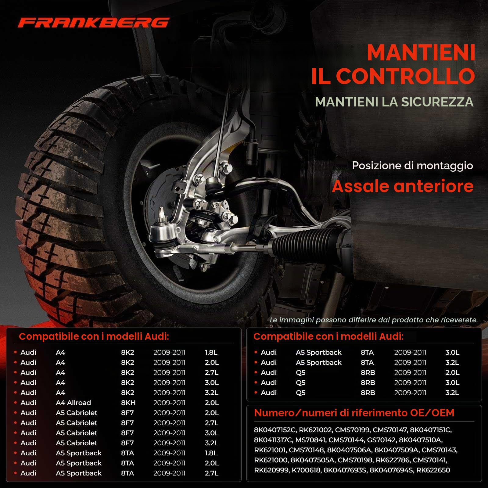 Frankberg Set di 10 bracci di controllo anteriori sinistro e destro | 8K0407505A; Compatibile con: A4 Avant 8K5, A4 Allroad 8 km, A5 Sportback 8TA, A5 8T3, Q5 8RB, A4 8K2, A5 Cabriolet 8F7