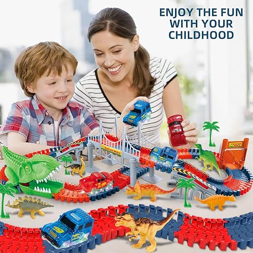 Miniatura 2 de Pista de autos de carreras de dinosaurios para niños pequeños, niñas, niños, pista flexible con 2 autos con luz LED para niños de 3, 4, 5, 6 años en