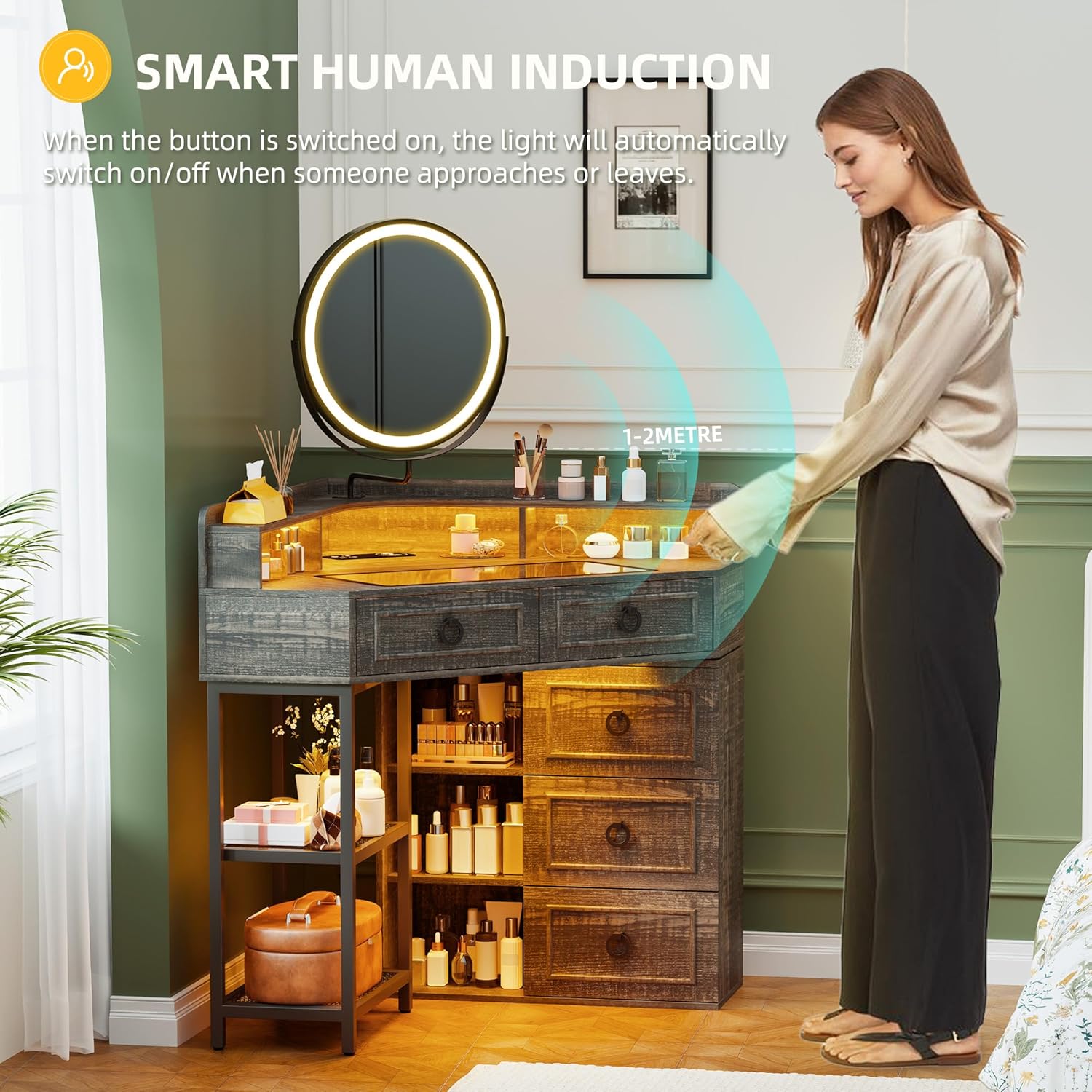 Lvifur Corner Vanity Desk with Mirror and Lights,Brown Corner Makeup Vanity with Charging Station, 3 Color Led Light Settings, 5 Drawers, and Open Shelves for Bedroom, Women, and Girls