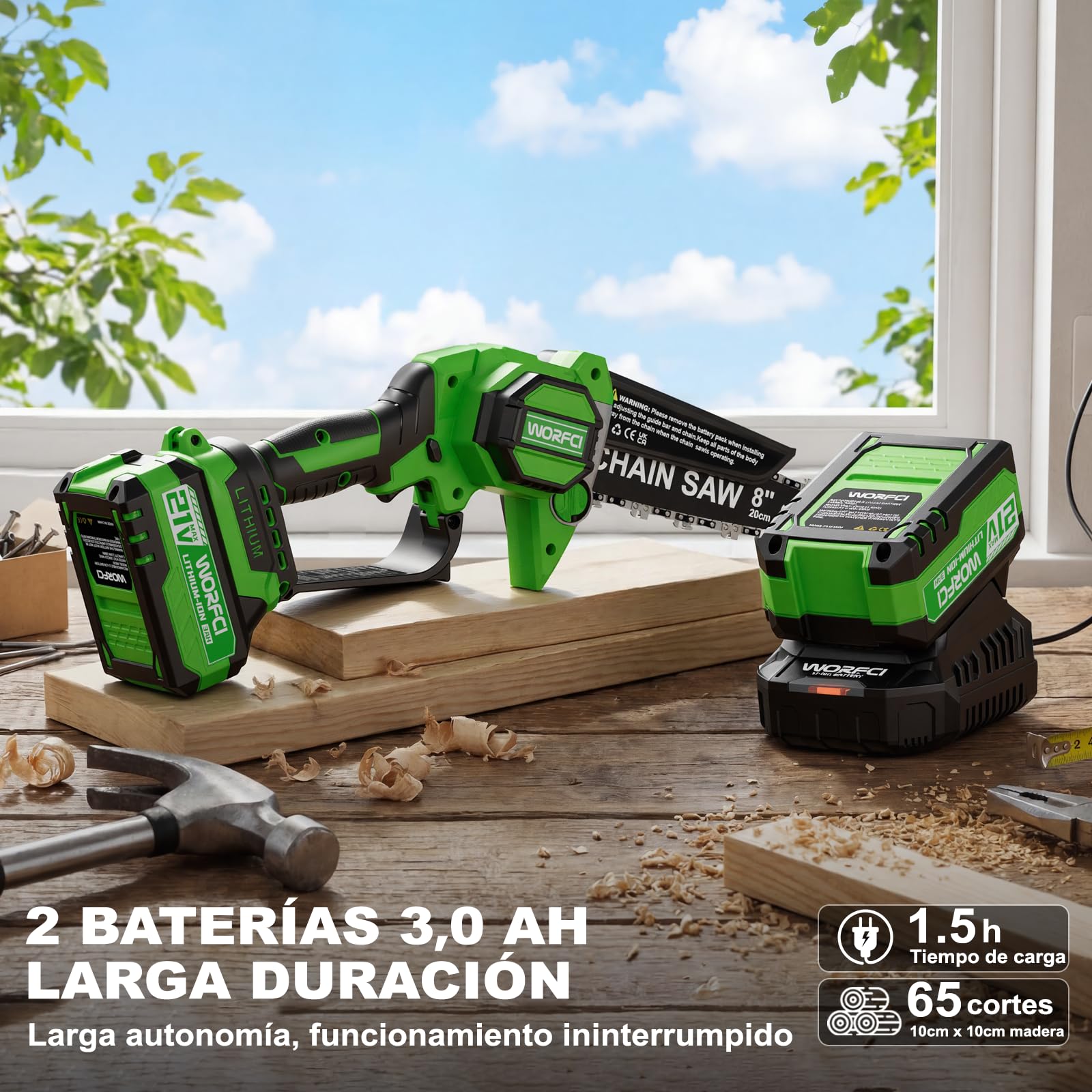 8 Pulgadas Mini Motosierra, 2 Baterías y Cargador Incluidos, Motosierra Bateria Inalámbrica sin Escobillas, Sierra Eléctrica para Podar con Lubricación Automática, Podar y Cortar Madera