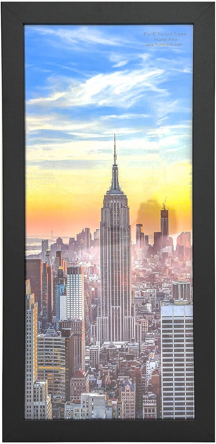 Frame Amo 8x18 Black Modern Picture or Poster Frame, 1 inch Wide Border, Smooth Wrap Finish, Acrylic Face