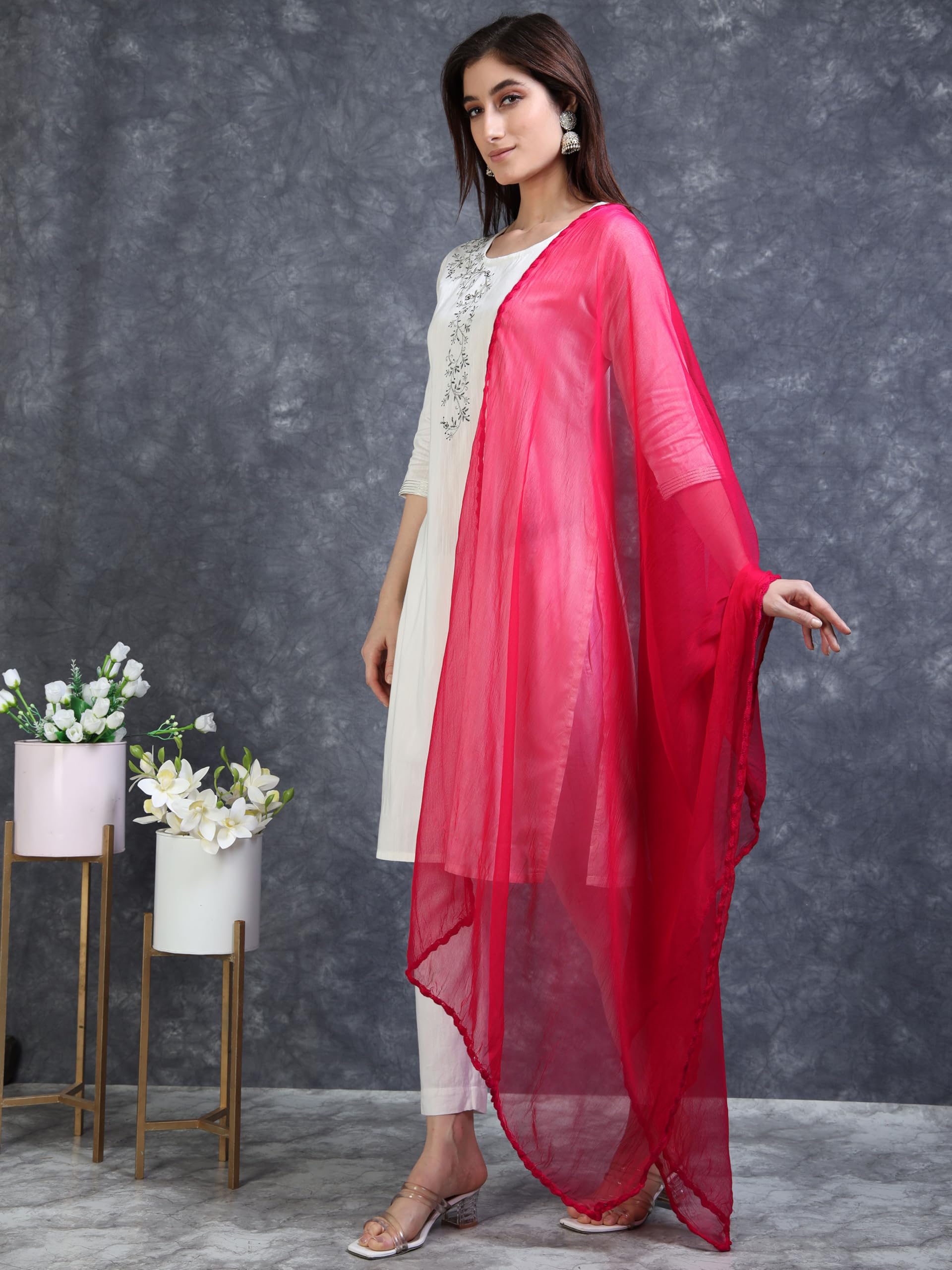 Miraan Solid Pure Chiffon Dupatta with Woven Border, 2.25 meters length (CHIFFDUPDARKPINK06_Dark Pink) - Image 3 thumbnail