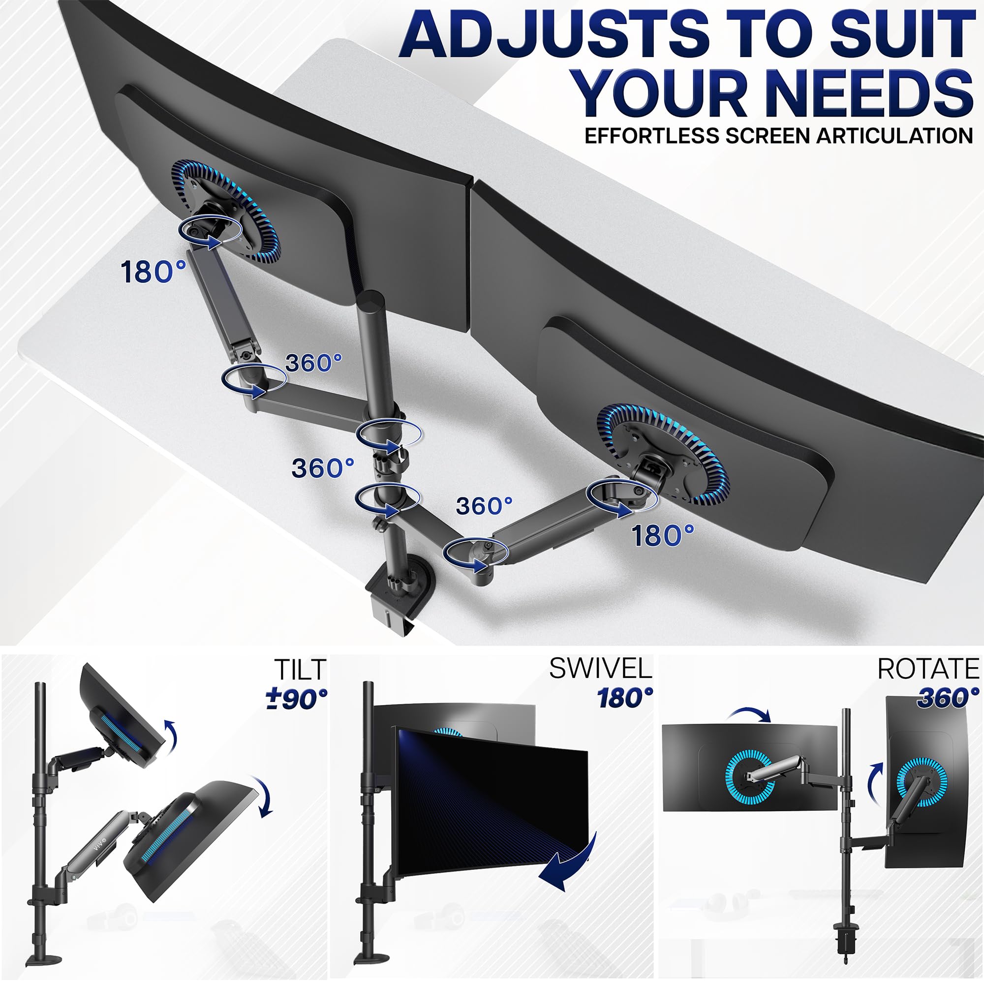 Vivo - Supporto a Braccio Pneumatico Doppio per Monitor Fino a 32", articolato VESA