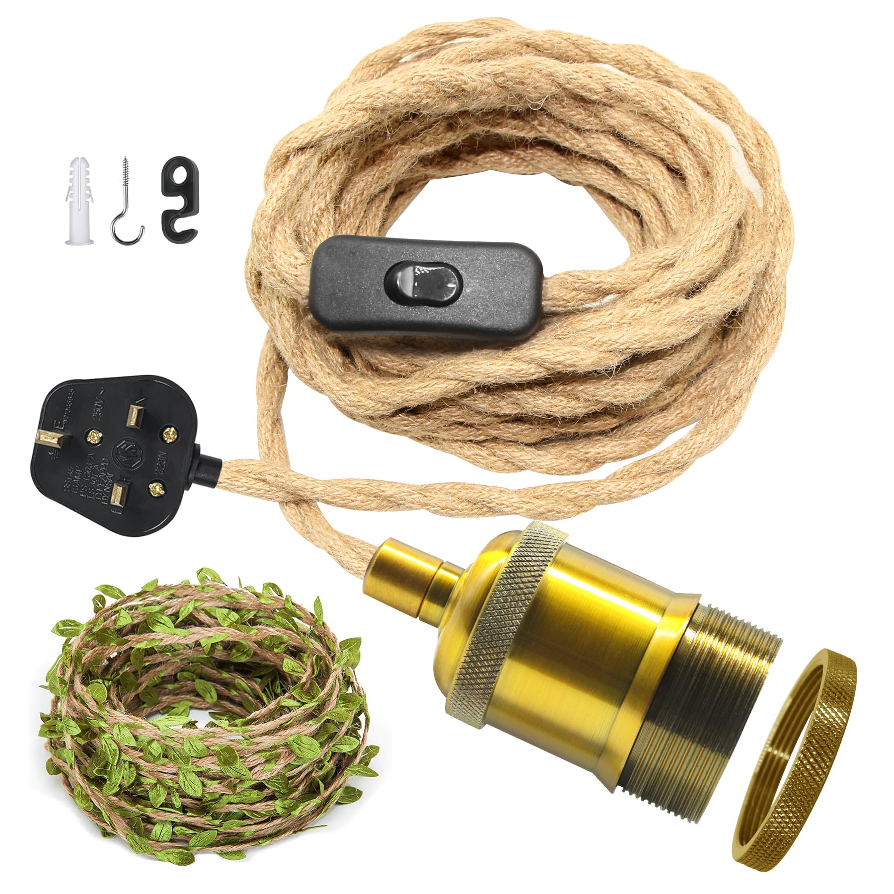 ZRLXFM Hemp Rope Pendant Light Kit with Plug, Bronze E27 Metal Lamp Holder with 510 CM Cable and Switch, Vintage Plug in Hanging Lighting Fitting with 5M Green Leaf Hemp Cord Decoration for DIY