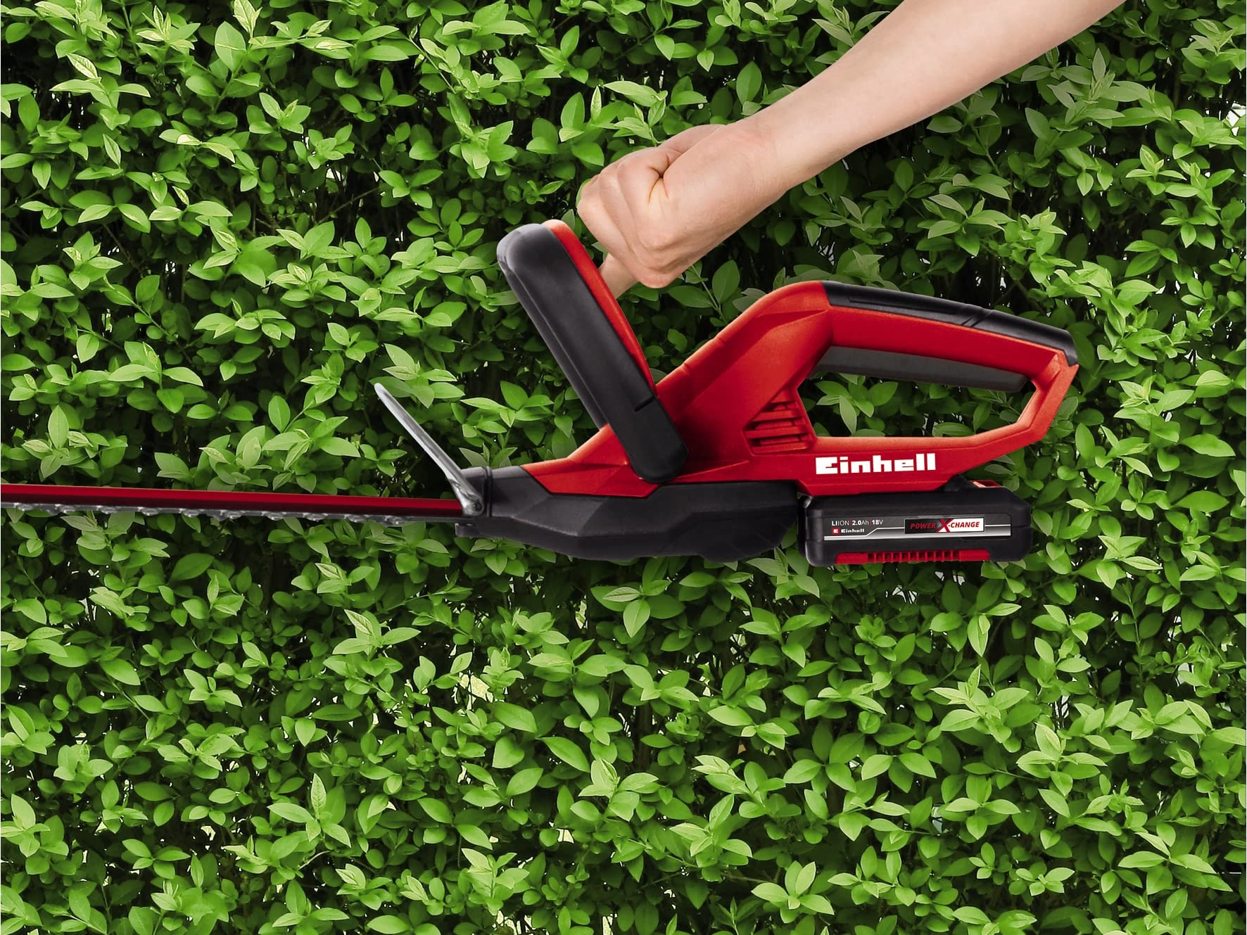 Einhell Akumulatorowe nożyce do żywopłotu GC-CH 1846 Li Kit Power X-Change (18 V, 46 cm długość cięcia, 15 mm rozstaw zębów, ergonomiczny uchwyt, w tym 2,0 Ah akumulator i ładowarka)