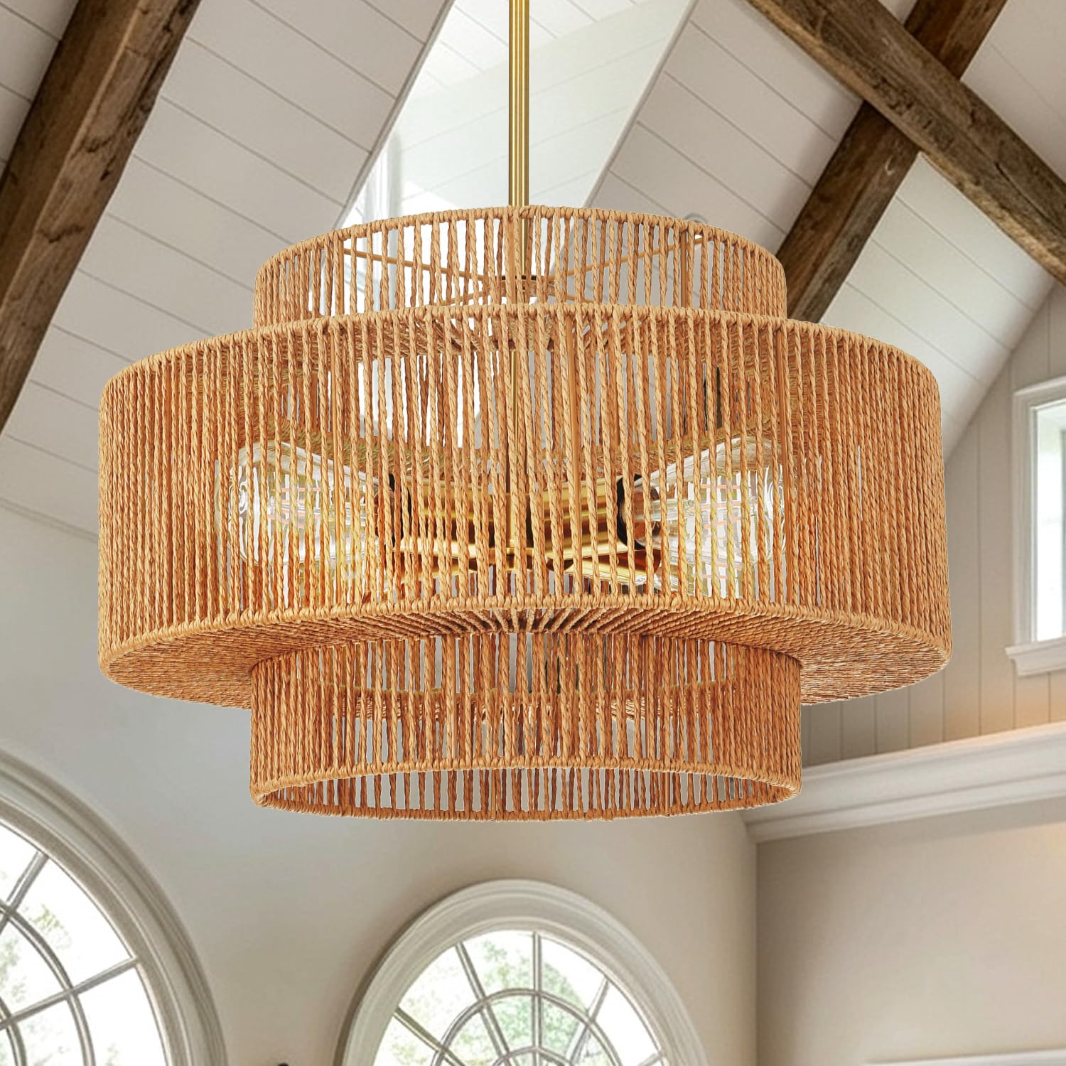 3-Tier Rattan Light Fixture Boho Chandelier for Dining Room