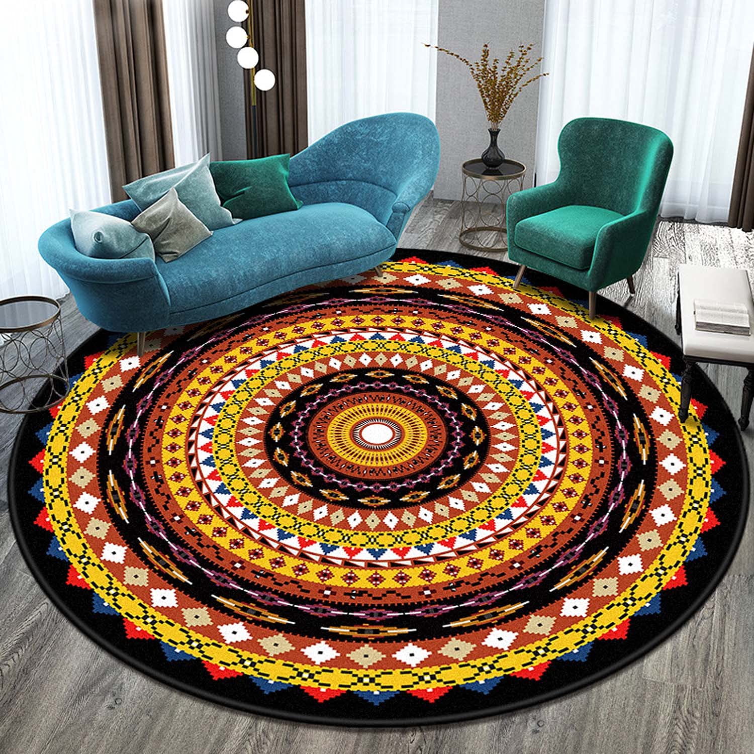 Dhao Tapis Rond Mandala Motif Bohême Moderne pour Salon Chambre à Coucher Cuisine Lavable Grands Antidérapant Tapis Diamètre: 160 cm