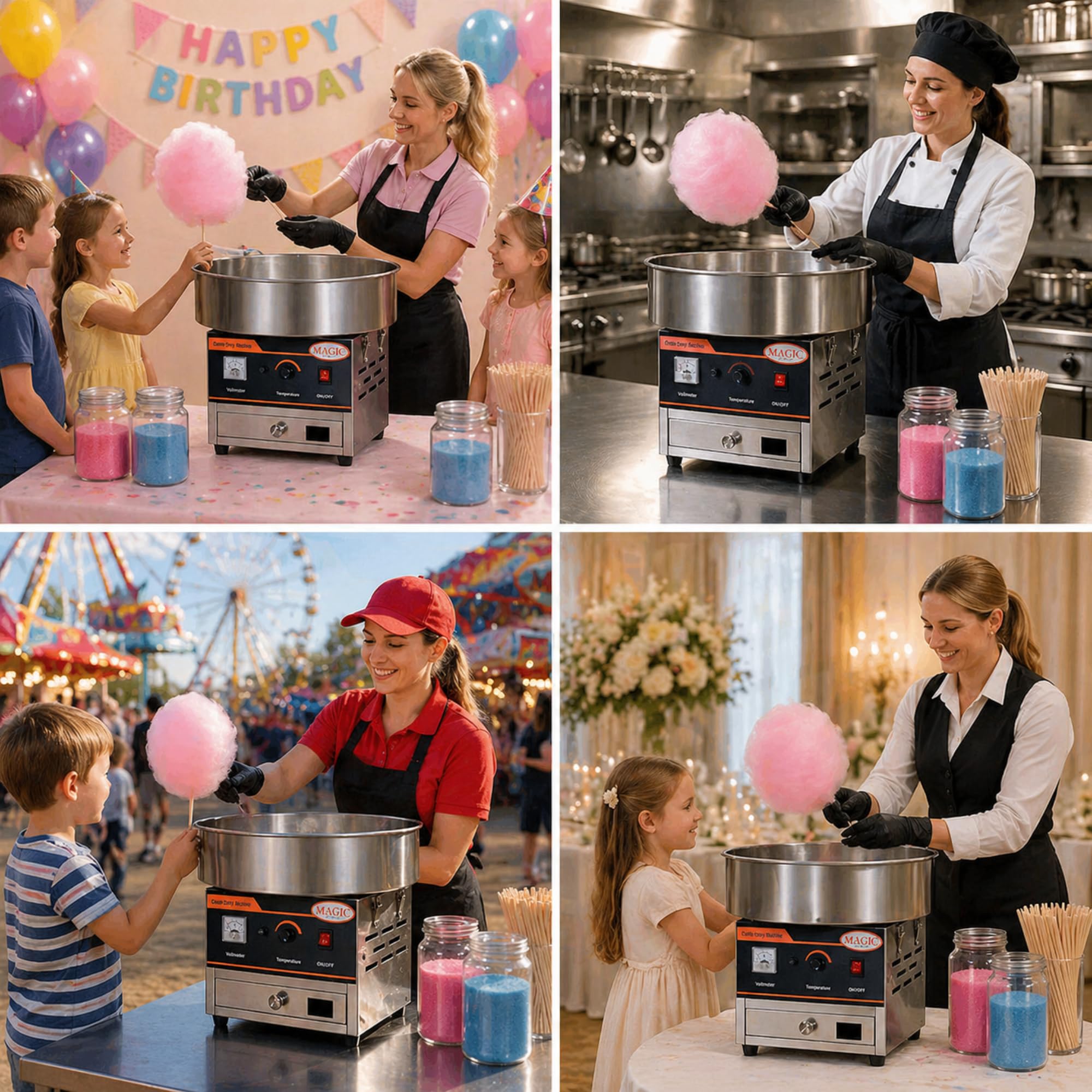 Máquina de Algodón de Azúcar Profesional 900W, Acero Inoxidable con Control de Temperatura, Calentamiento Rápido 2-3 Min, Incluye Paleta Dosificadora, para Eventos y Ferias. (52x52x43 cm)