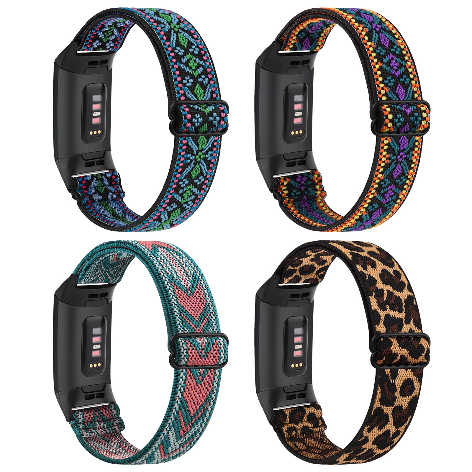 4 Pack Elastic Bands Compatible with Fitbit Charge 4 Bands/Fitbit Charge 3 /Charge 4 SE, Adjustable Soft Stretchy Loop (Green Arrow, Boho Green, Boho Purple, Leopard)