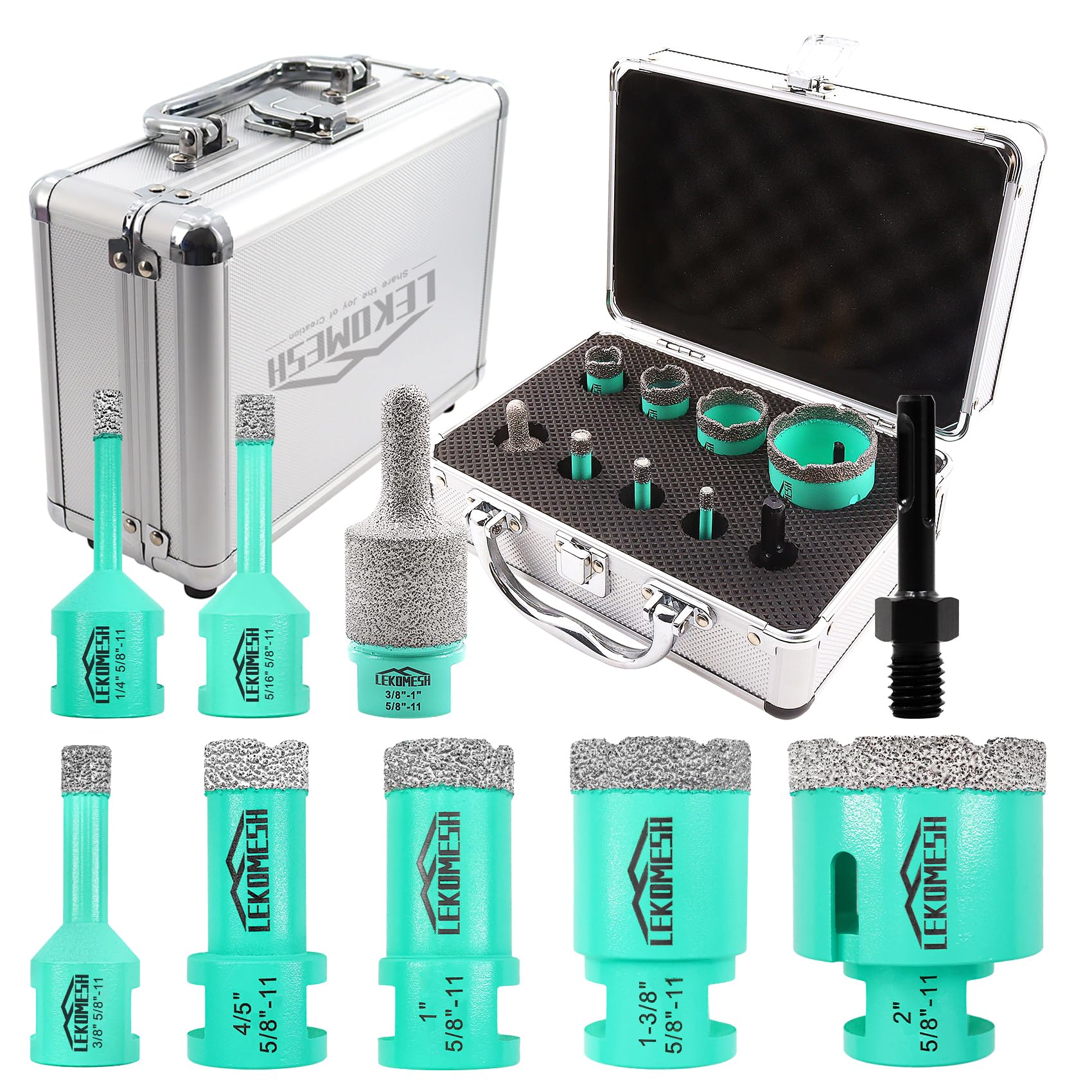 LEKOMESH Diamond Core Drill Bits Set 9pcs Tile Hole Saw Kit for Porcelain Tile Ceramic Marble Brick Concrete with 5/8-11 Thread(6/8/10/20/25/35/50mm+
