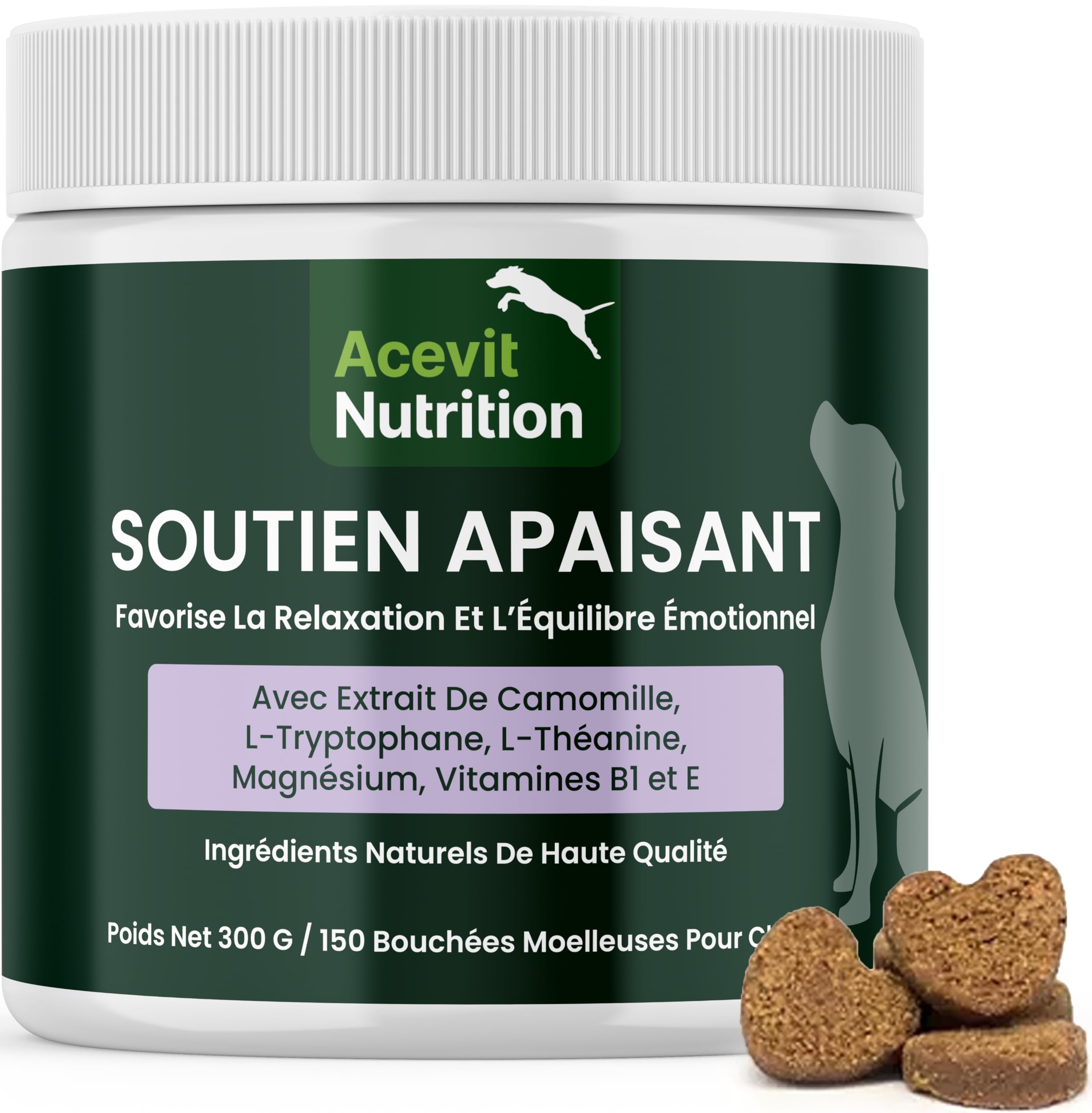 Calmant Chien Anti-Stress, 150 bouchées, 100% Naturel – Formule Vétérinaire Avancée – Chiens anxieux, stressés ou hyperactifs – Bruits, Séparation, Voyages et Feux d’Artifice