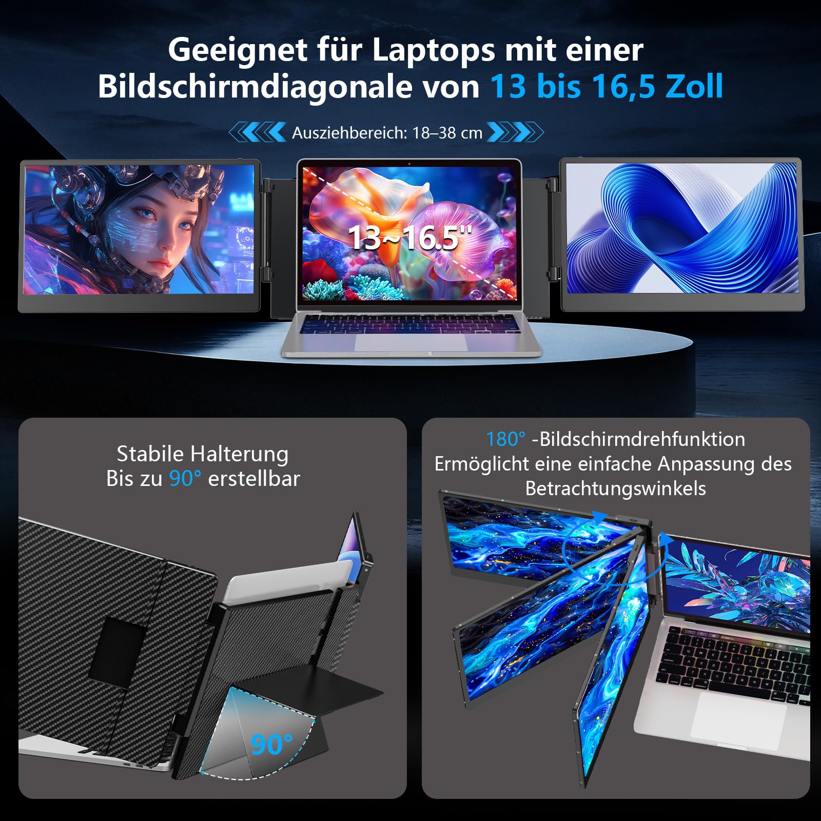 14-Zoll Laptop Bildschirm Erweiterung, 1080P FHD Portable Monitor Laptop | Laptop Monitor Erweiterung mit Lautsprechern, Triple Tragbarer Monitor Plug & Play für Mac, Windows, Android