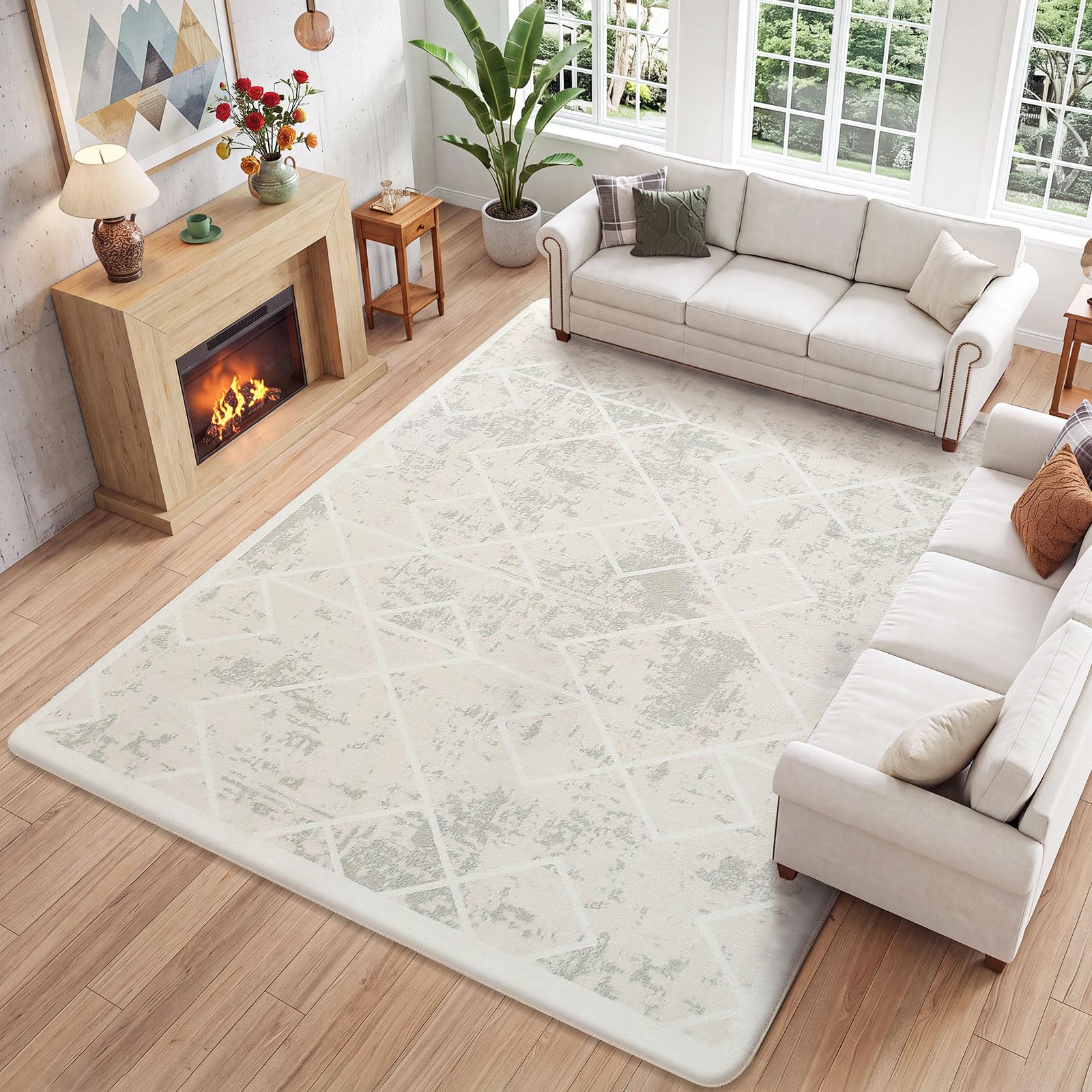 Alfombra Salon 160x200 Alfombras de Habitacion Crema Marfil Blanco Blanco Bebe Infantil Vinilica Pelo Corto Moderna Abstracta Geometría Suave Antideslizante Dormitorio Accesorios