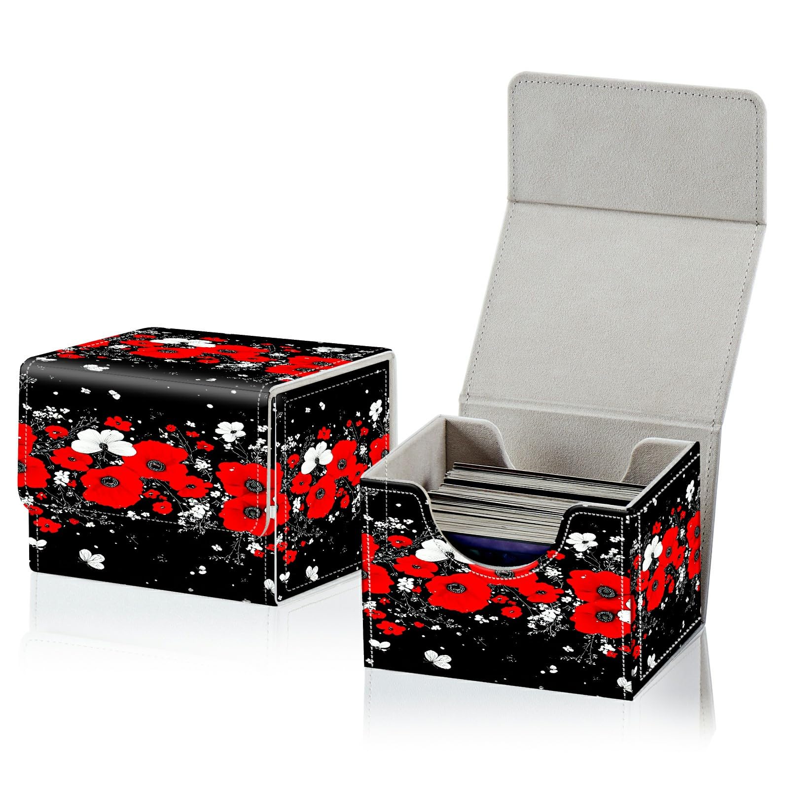 RWUTYTIUL Card Deck Box for MTG, Cards Storage Box Fits 120+ Sleeved, Leather Small Size Strong Magnetic Closing Card Case for Board Games Magic TCG CCG Baseball Collection, Red White Flowers
