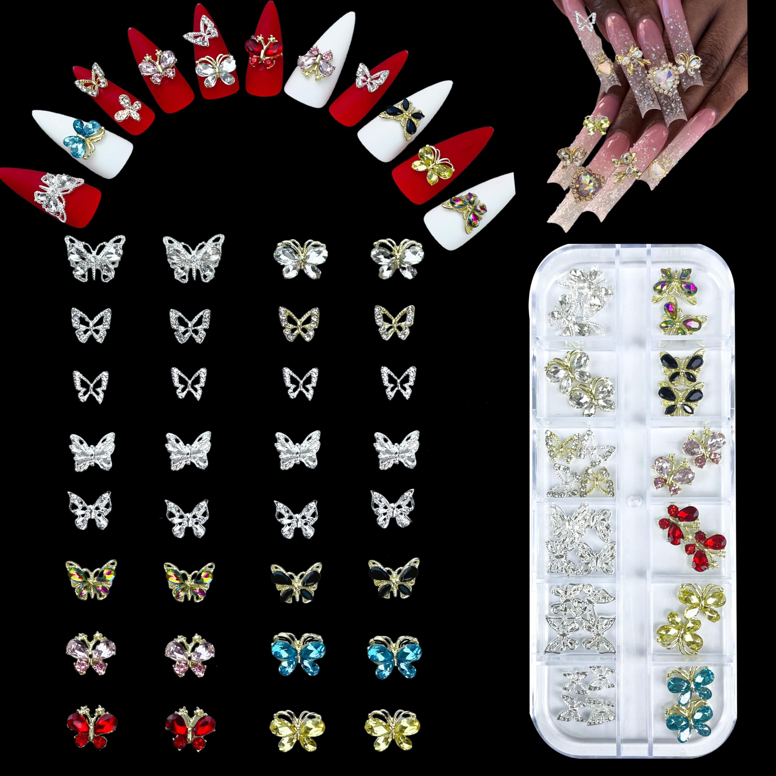 BJRSPGLS 16 Paired Butterfly Nail Charms,Silver Gold Butterfly Nail Gems Crystals for Acrylic Nails,3D Alloy Metal Nail Butterflies Diamonds Jewels Jewelry for Nail Art Nail Bling Decor Bulk(32pcs)
