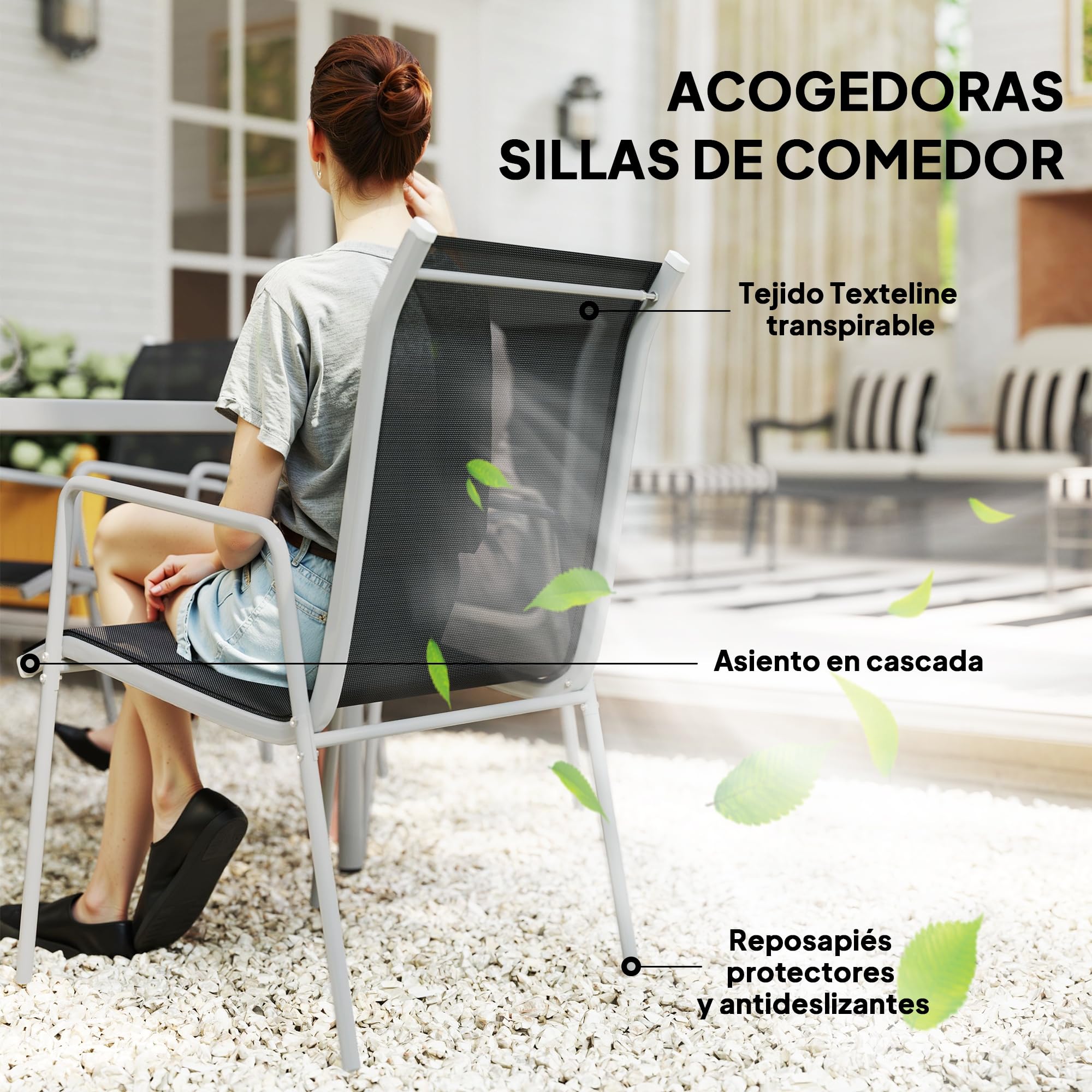 Outsunny Conjunto de Comedor de Exterior Juego de Comedor de Jardín de 7 Piezas con 1 Mesa 6 Sillas Apilables y Marco de Acero para Terraza Patio Negro
