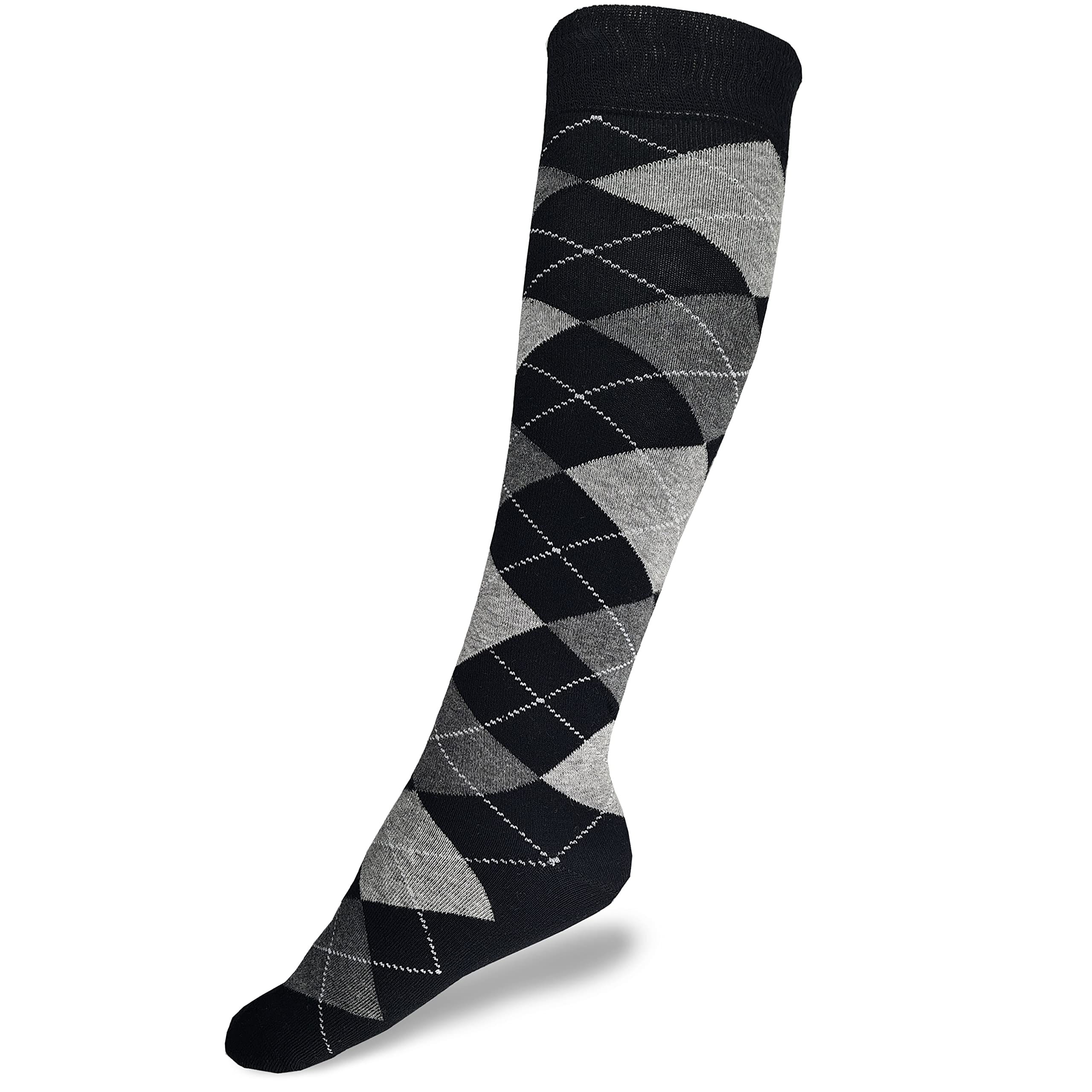 Hazy Blue Women's Black/Charcoal Argile Mix And Match / Knee High Socks Argyle & Horse Designs - Cotton Long Equestrian Riding Socks, Uk 3-8 Size (3-8, )