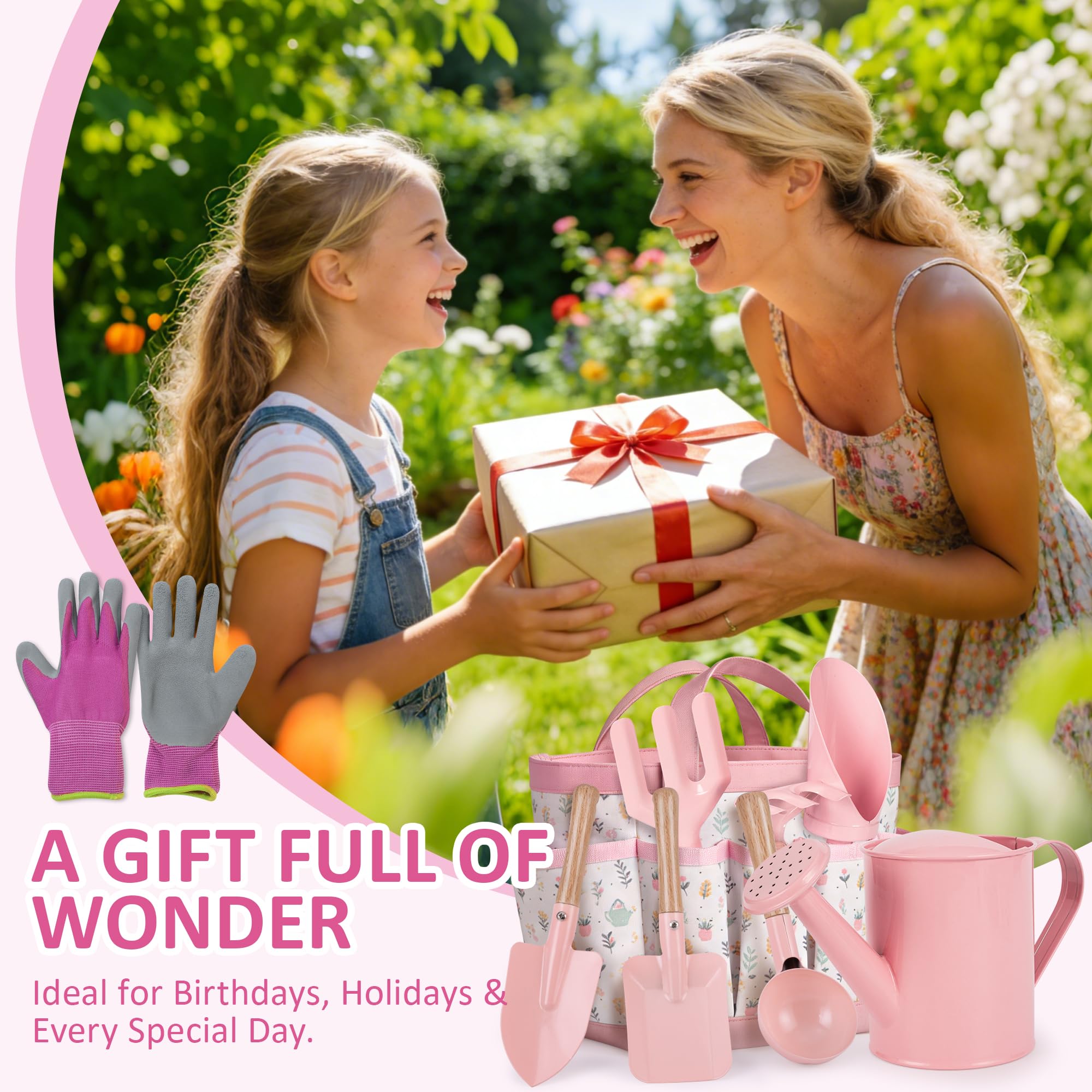 cossy Herramientas de Jardinería, Kit Jardinería para Niños de 13 Piezas, Herramientas para Huerto, Bolsa de Transporte, Regadera, Palas, Rastrillo, Guantes de Jardinería, Delantal, Rosa